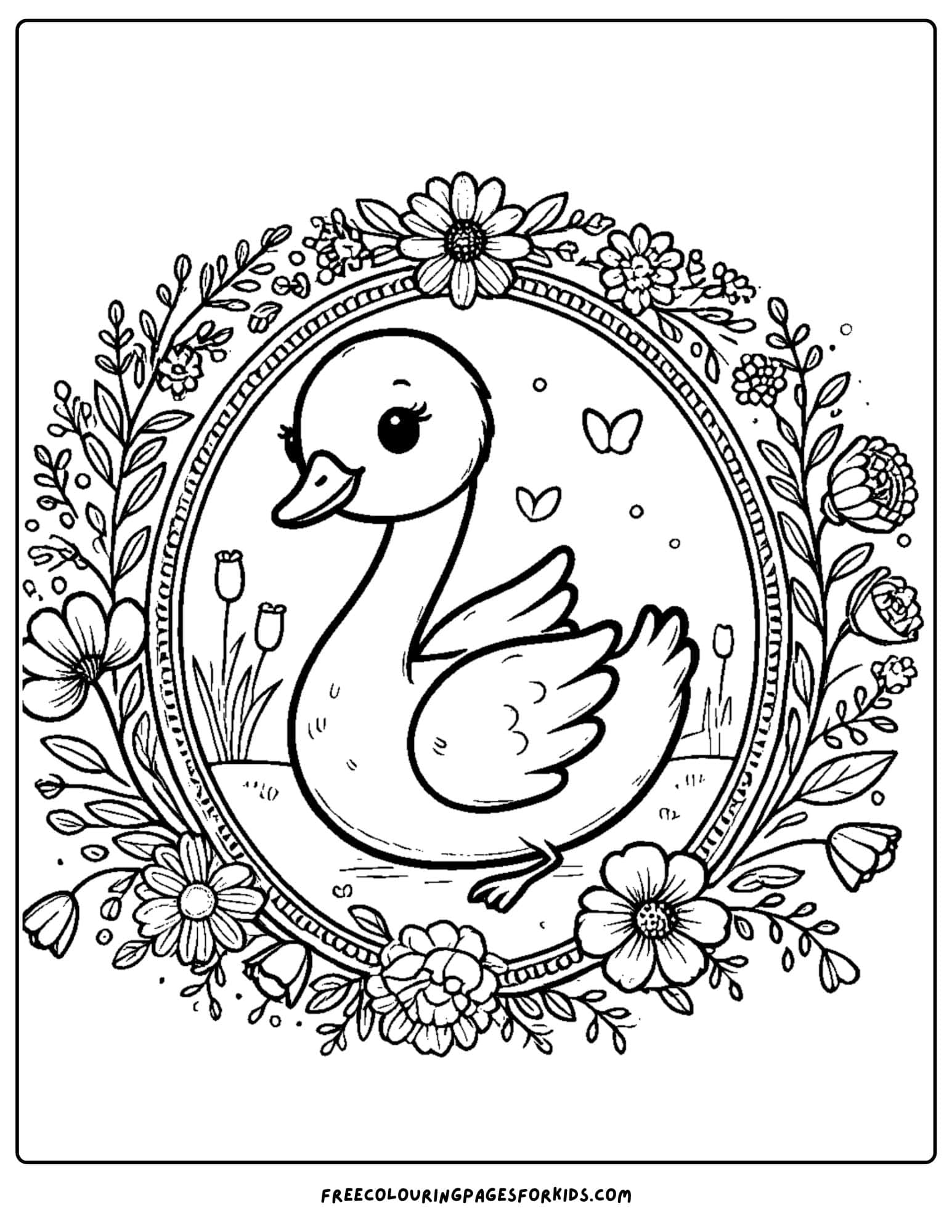 swan inside a floral decorative frame coloring page