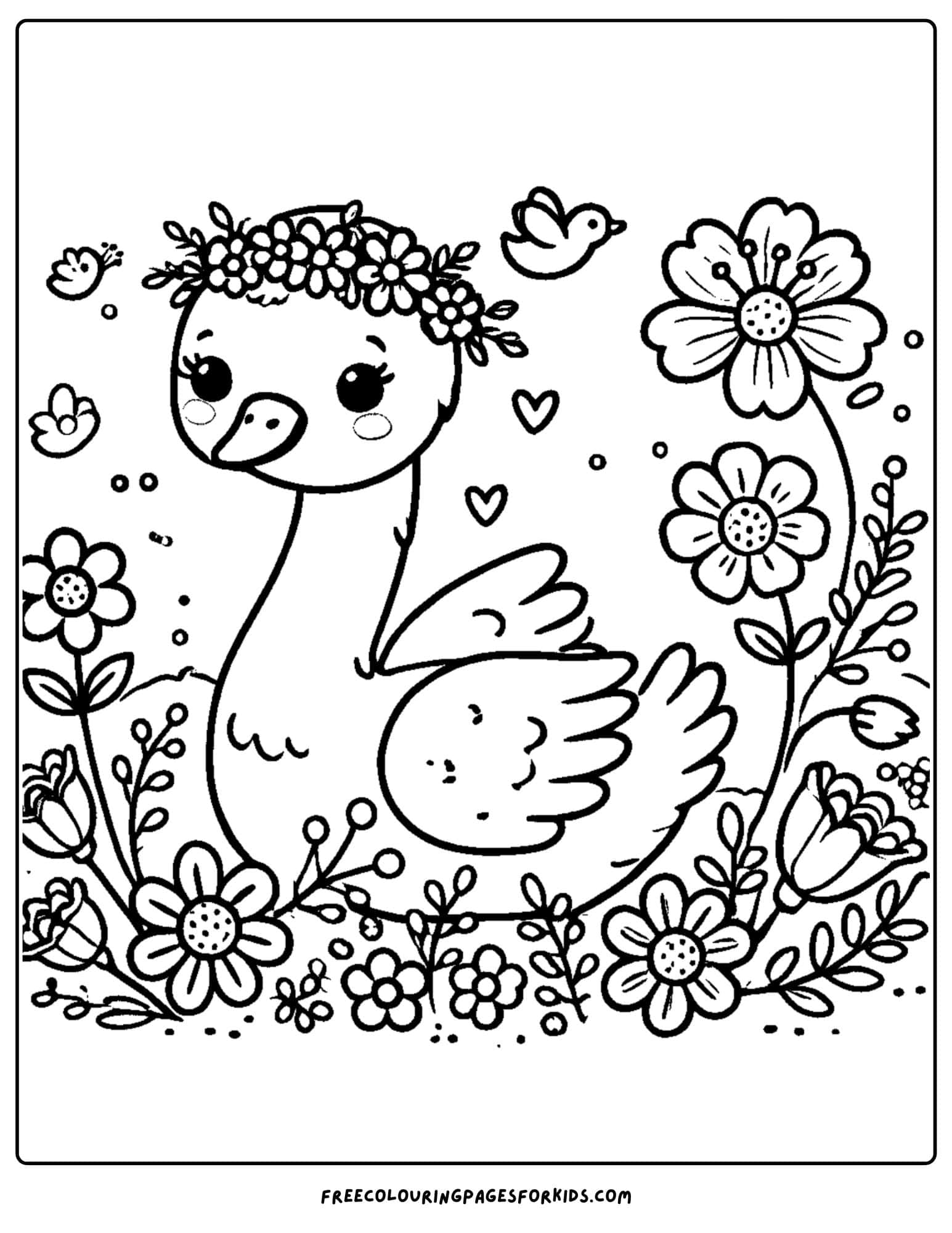 swan surrounded by flowers coloring page