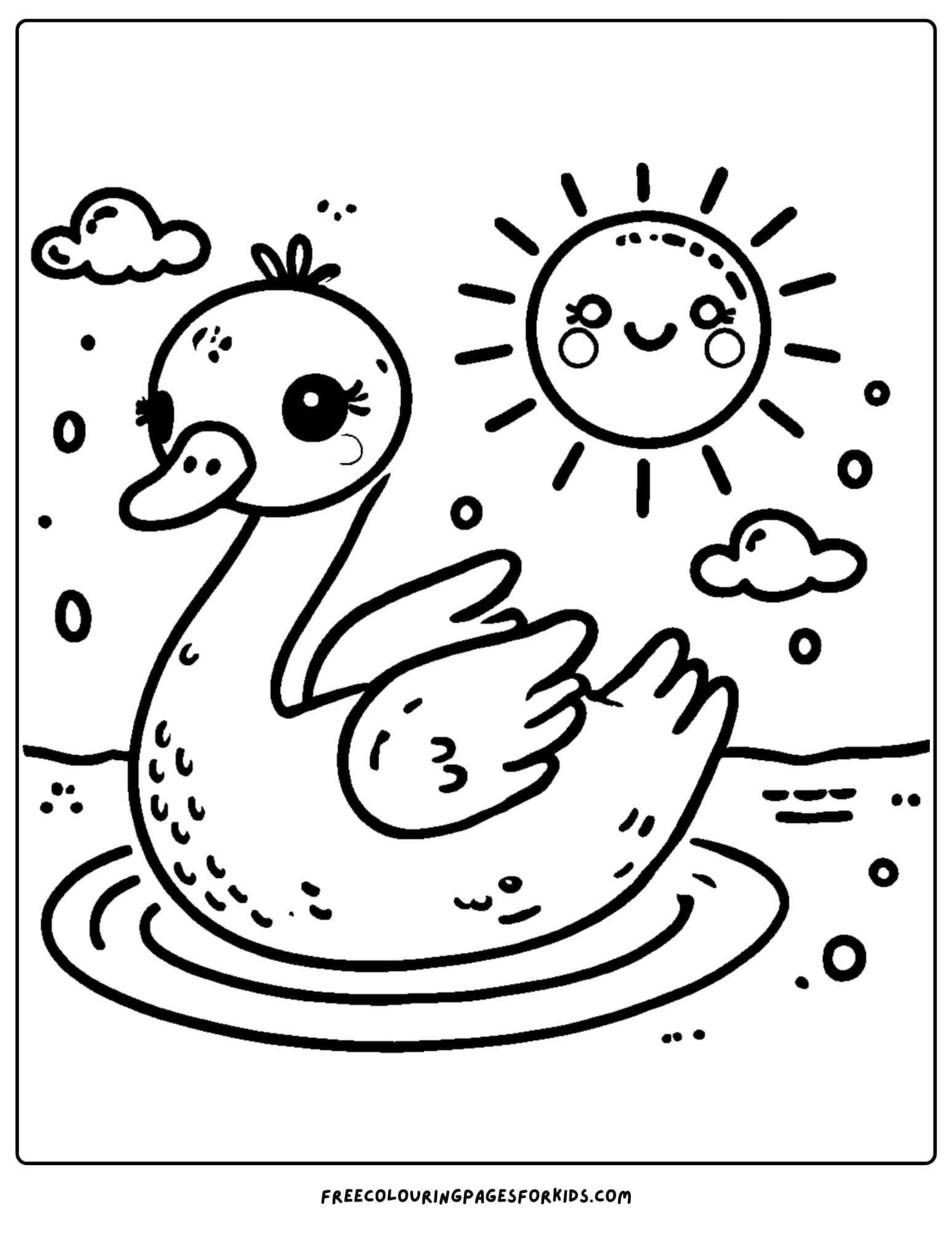 swan swimming under a bright sun coloring page