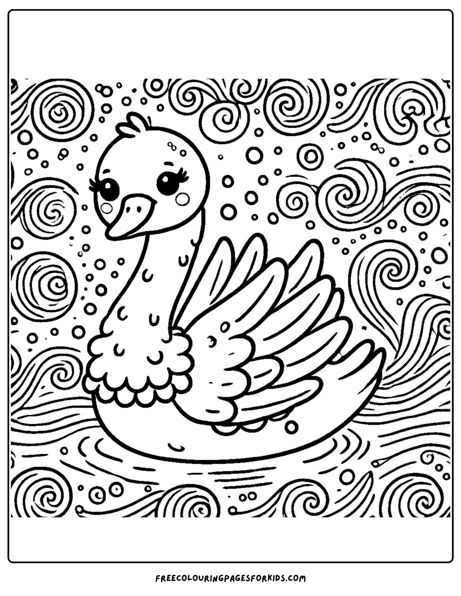 swan on the water with waves coloring page