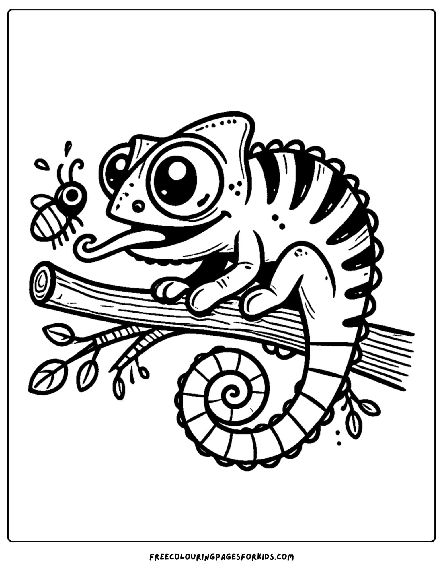 zoo animal coloring page of a chameleon on a branch