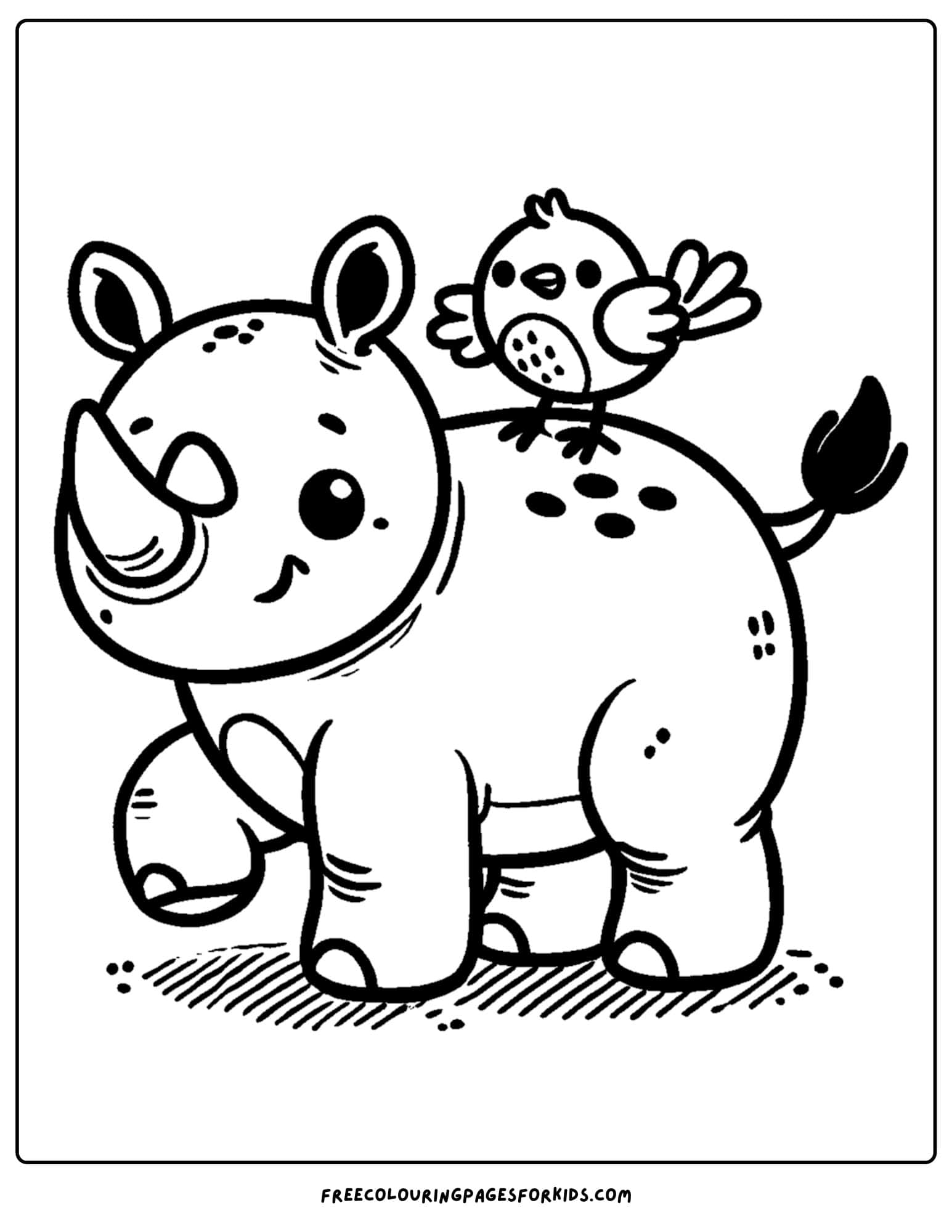 zoo animal coloring page of a rhino with a bird on its back