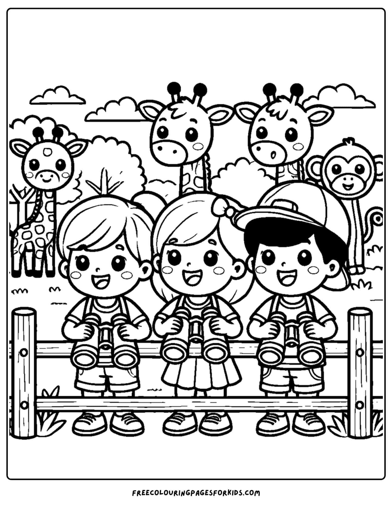 zoo animal coloring page of kids on a tour of a zoo