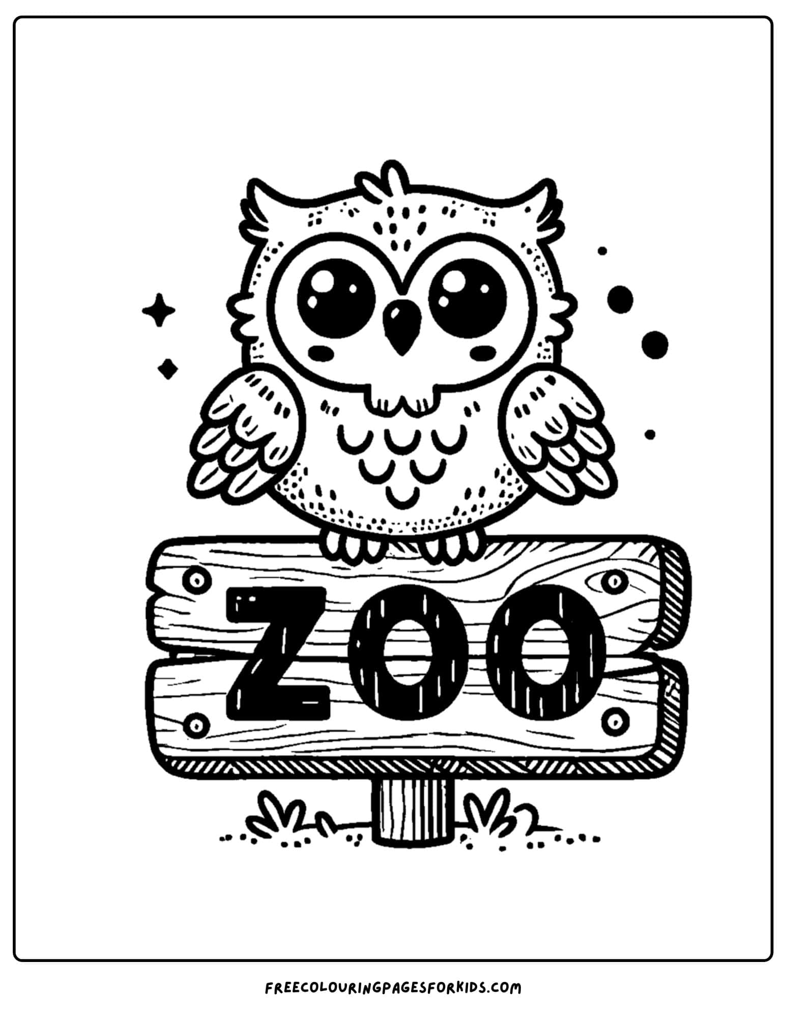 zoo animal coloring page of an owl sitting on a zoo sign