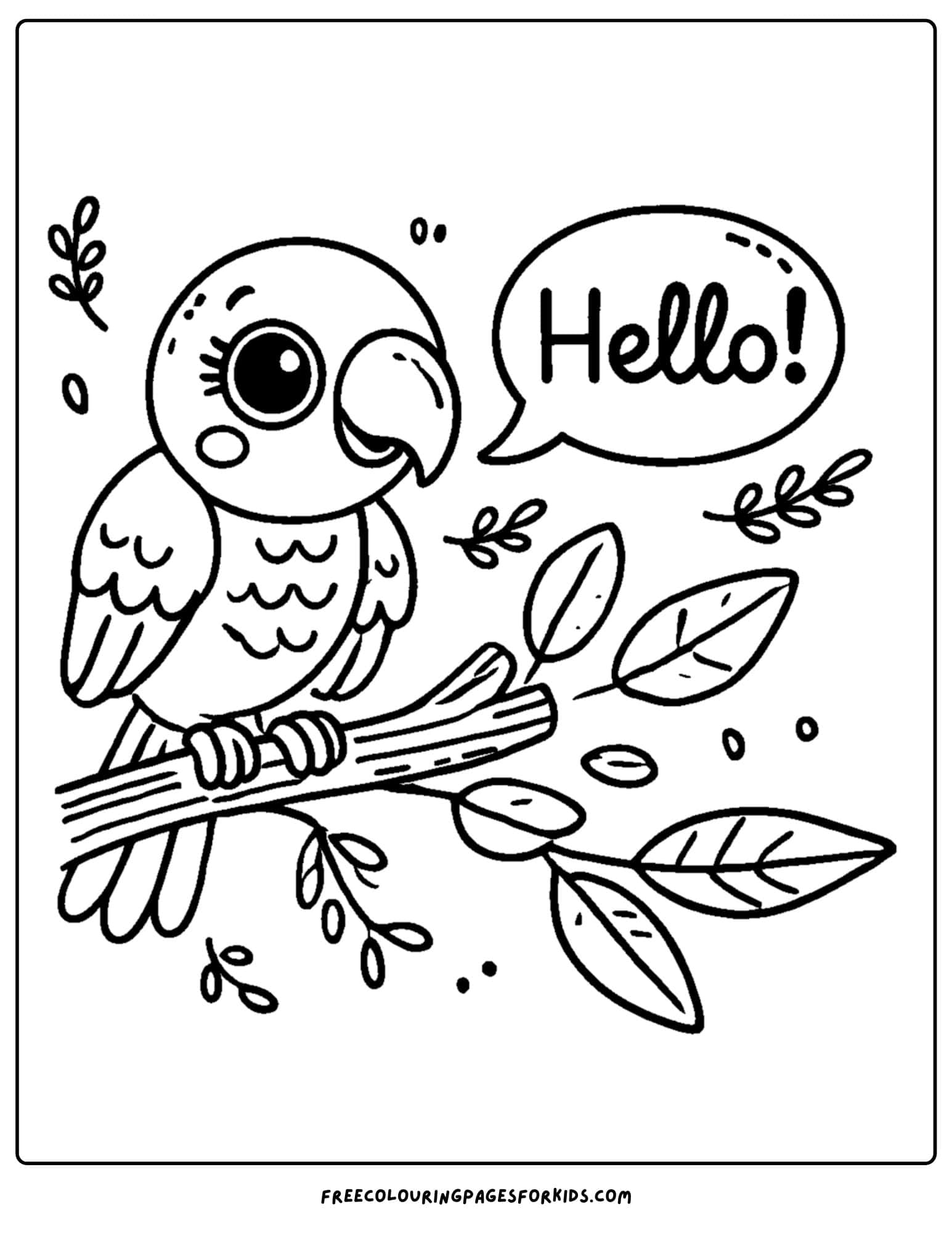 zoo animal coloring page of a parrot saying hello