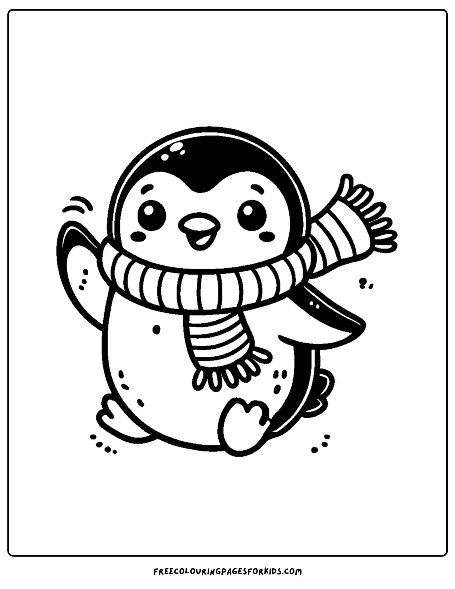 zoo animal coloring page of a penguin wearing a scarf and waving