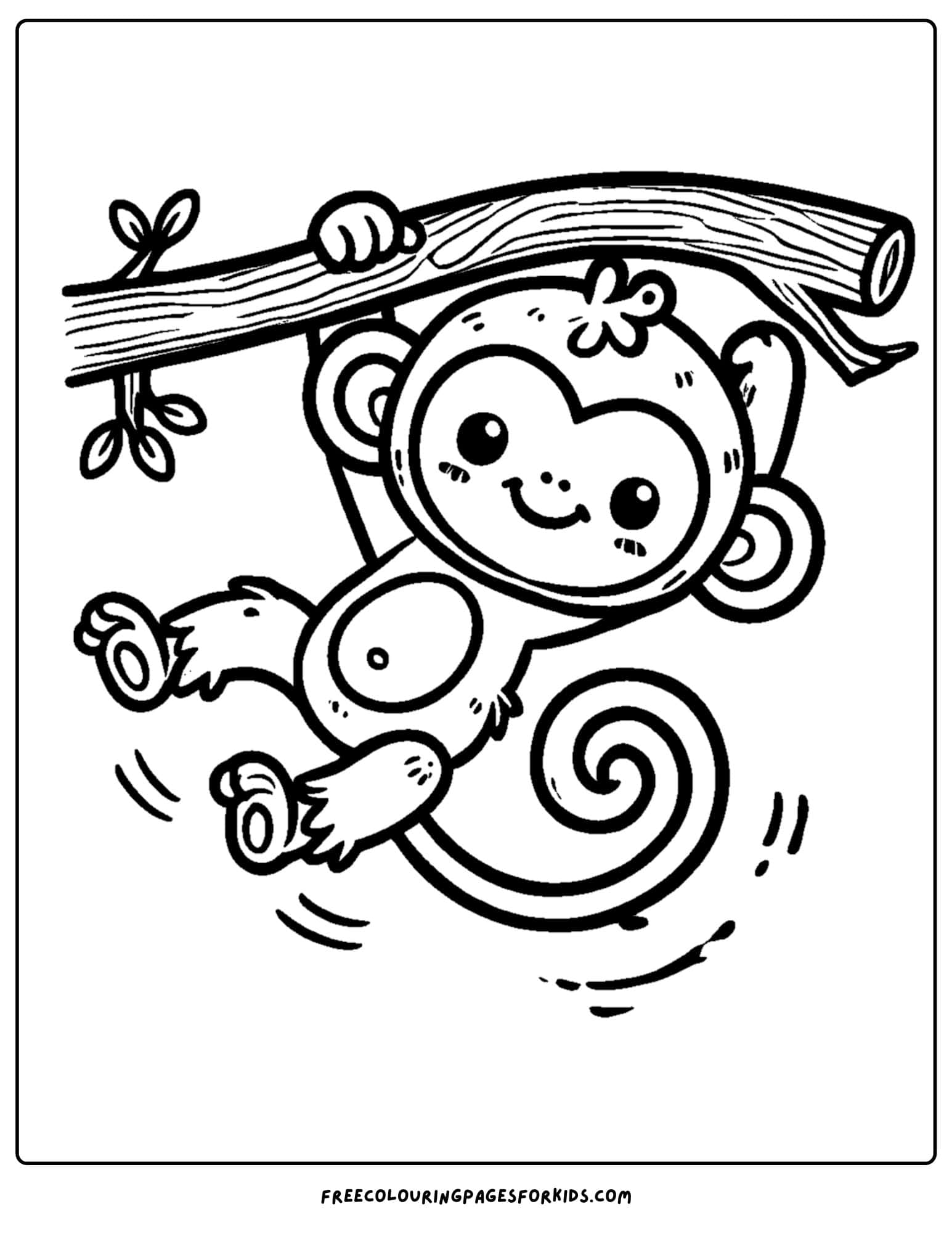 zoo animal coloring page of a monkey hanging on branch