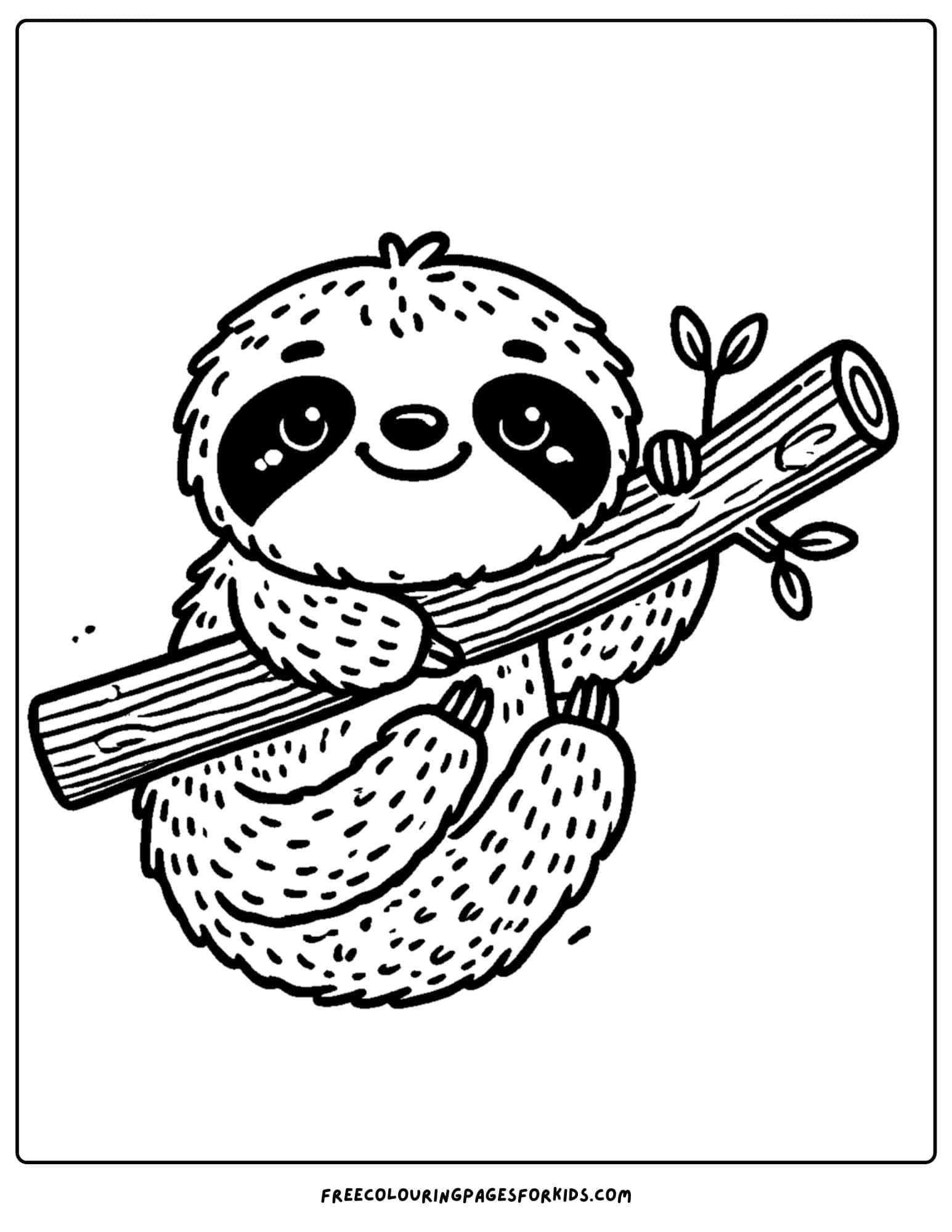 zoo animal coloring page of a sloth hanging on a branch