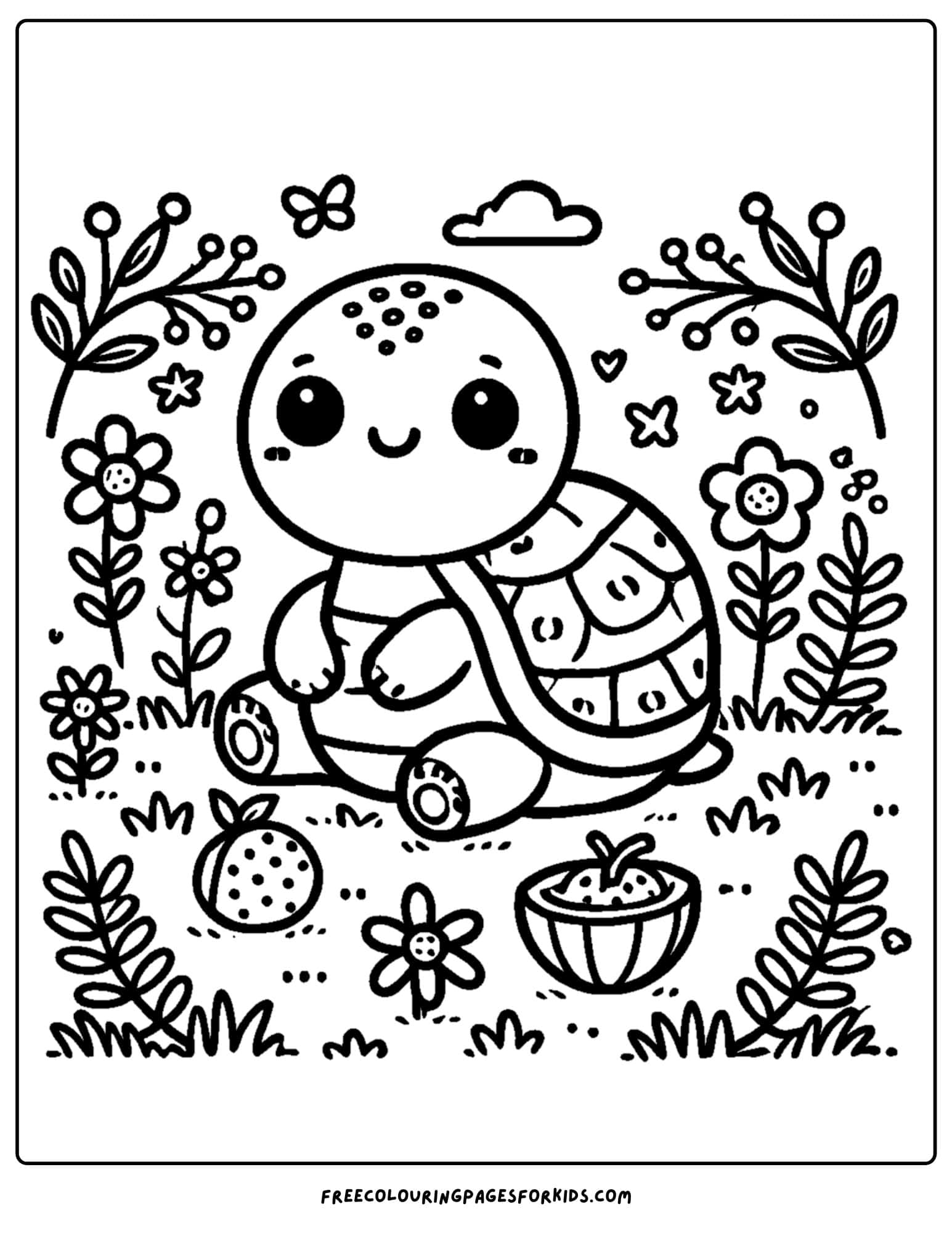 zoo animal coloring page of a turtle in a meadow eating fruit