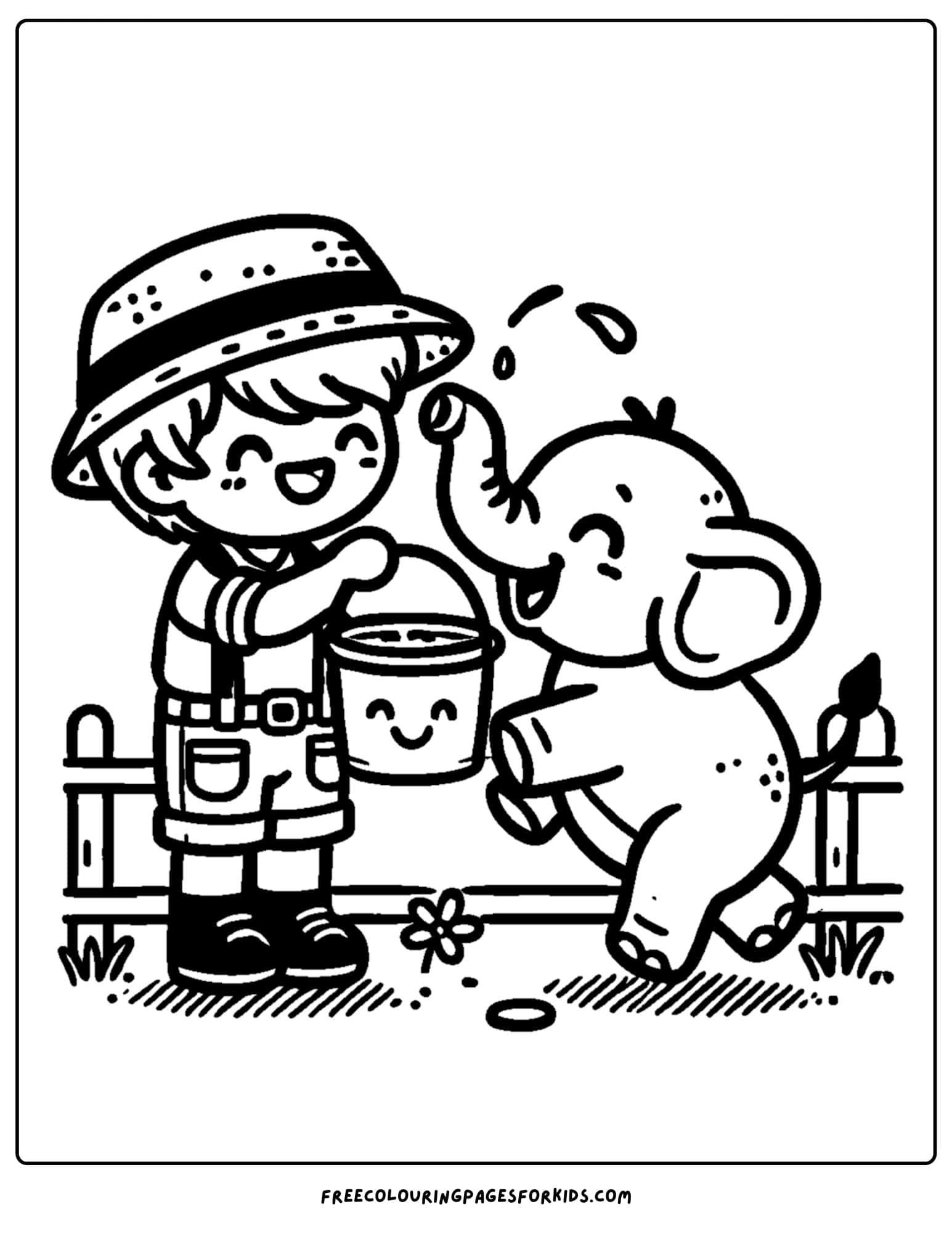 zoo animal coloring page with keeper feeding an elephant