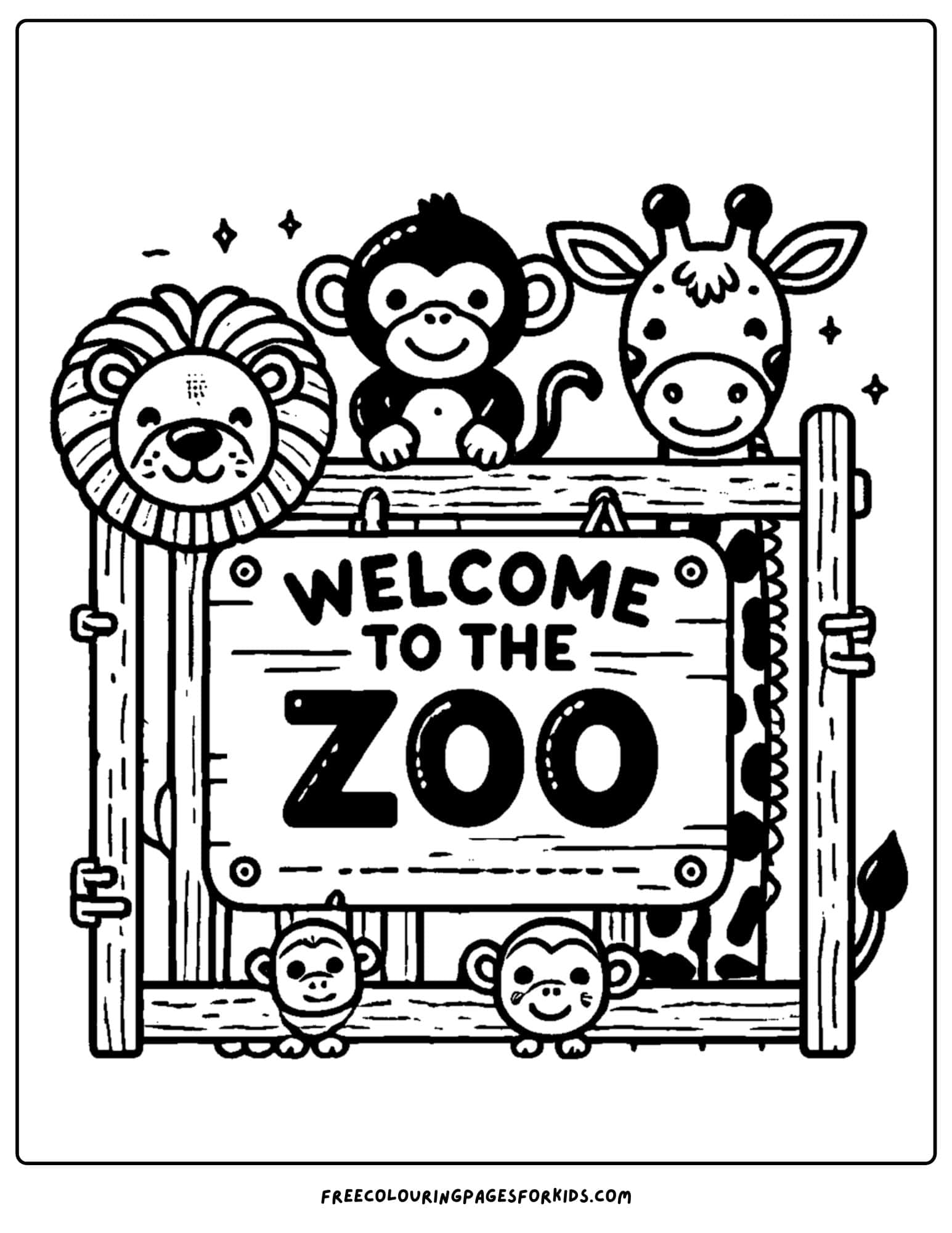 zoo animal coloring page with animals behind a zoo sign