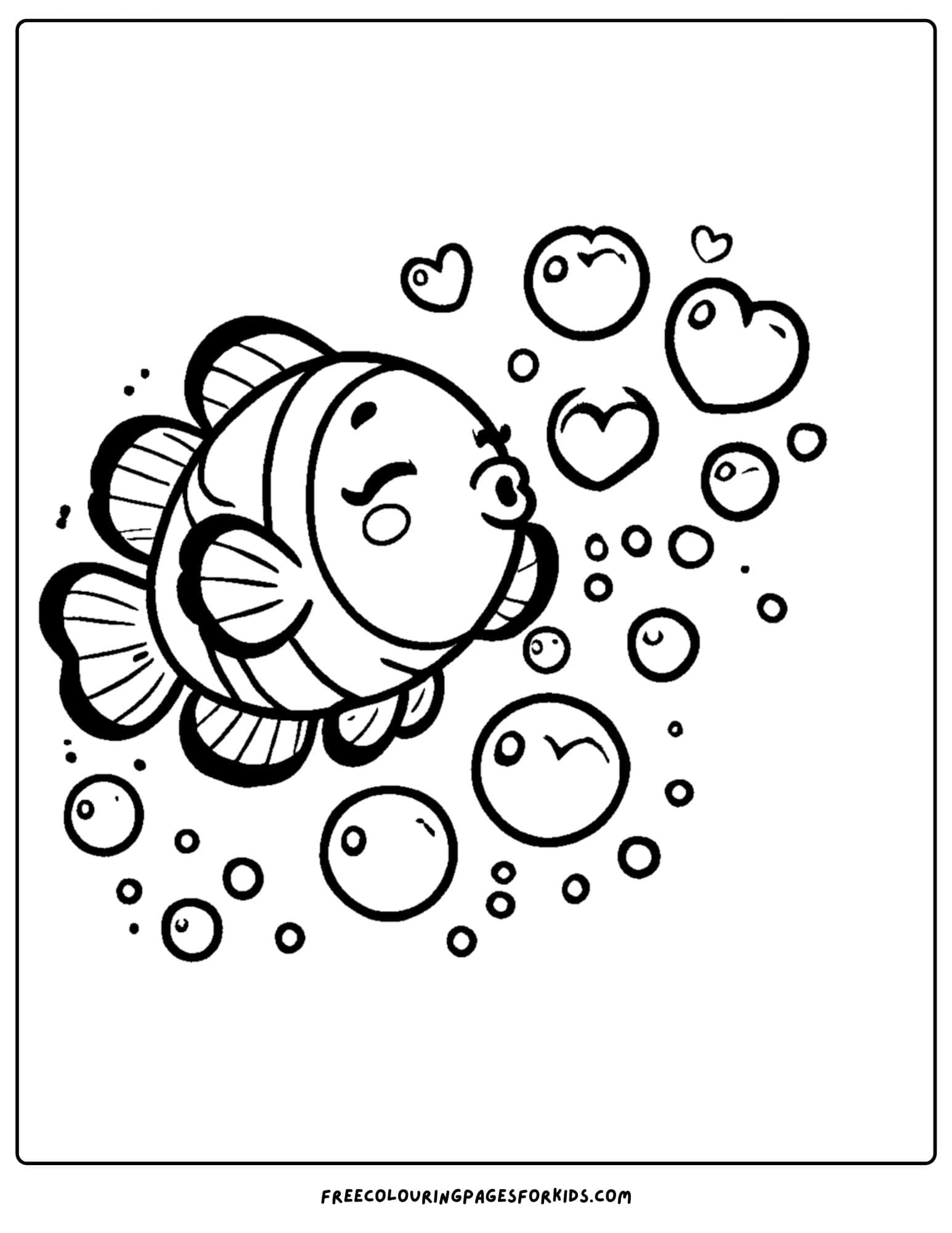 a clownfish bloging heart shaped bubbles