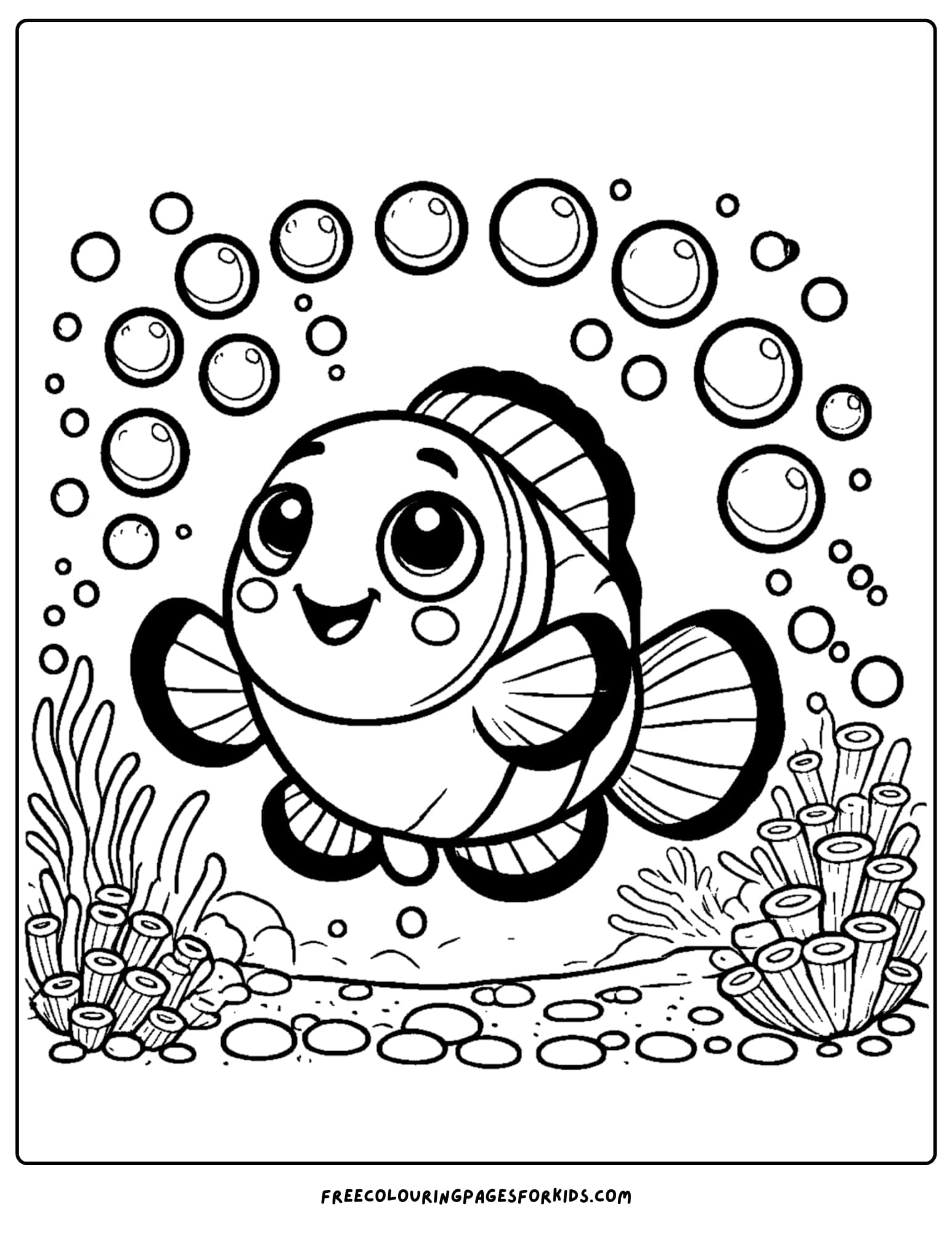 a clownfish with bubbles overhead