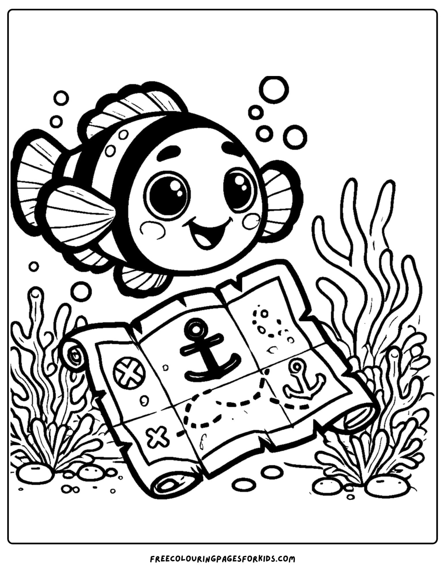 a clownfish with a treasure map under the ocean