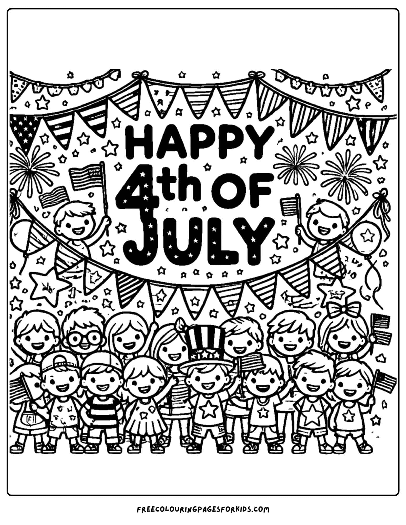 a crowd with bunting for the 4th of july