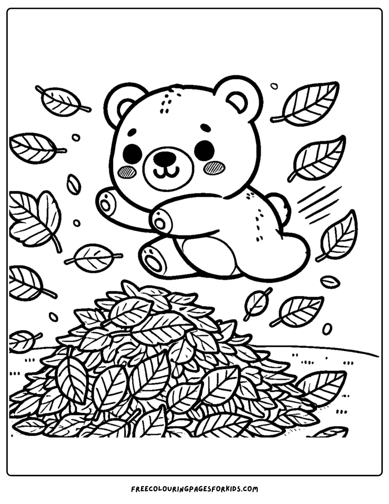 a bear jumping in a pile of leaves
