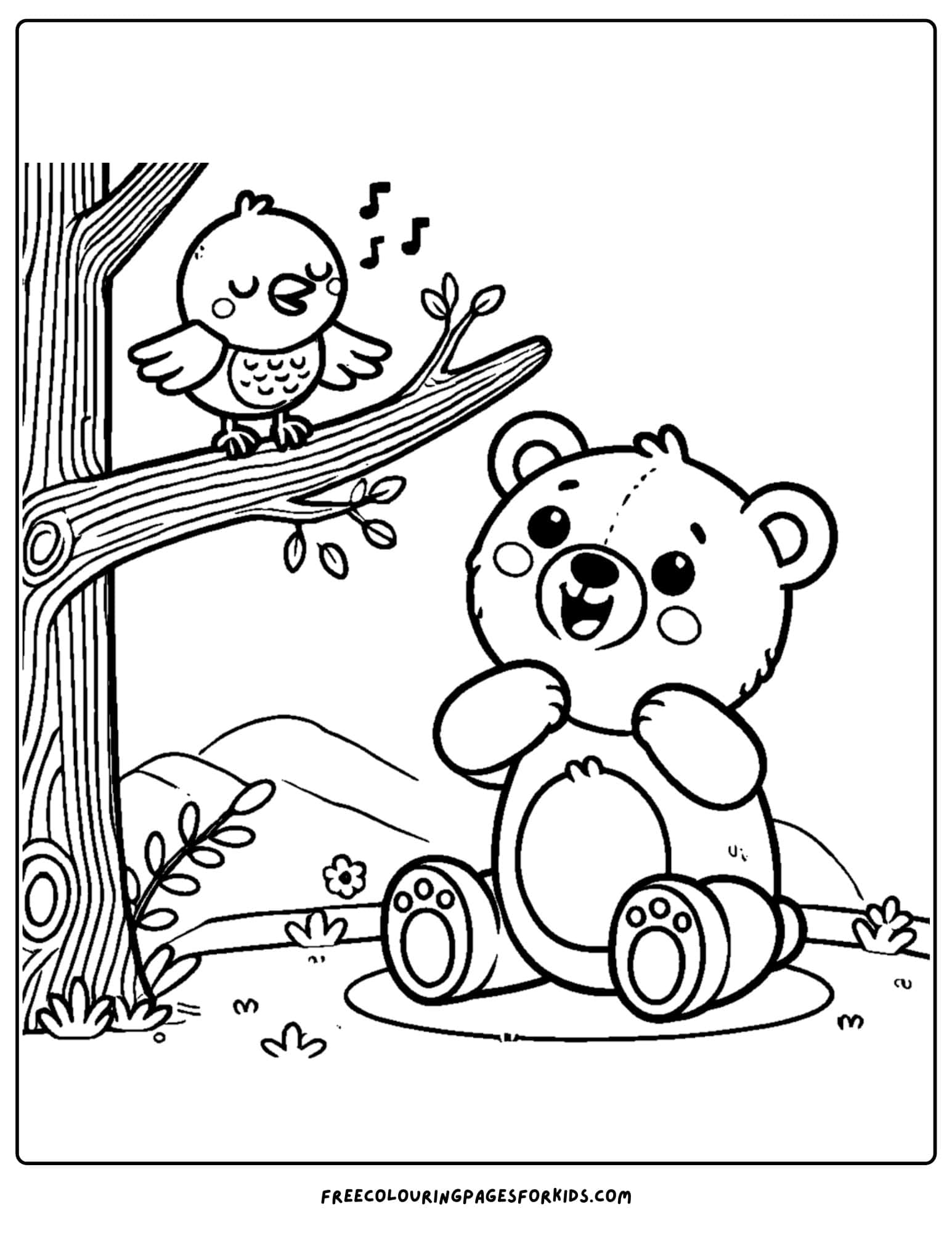 a bear listening to a bird singing in a tree