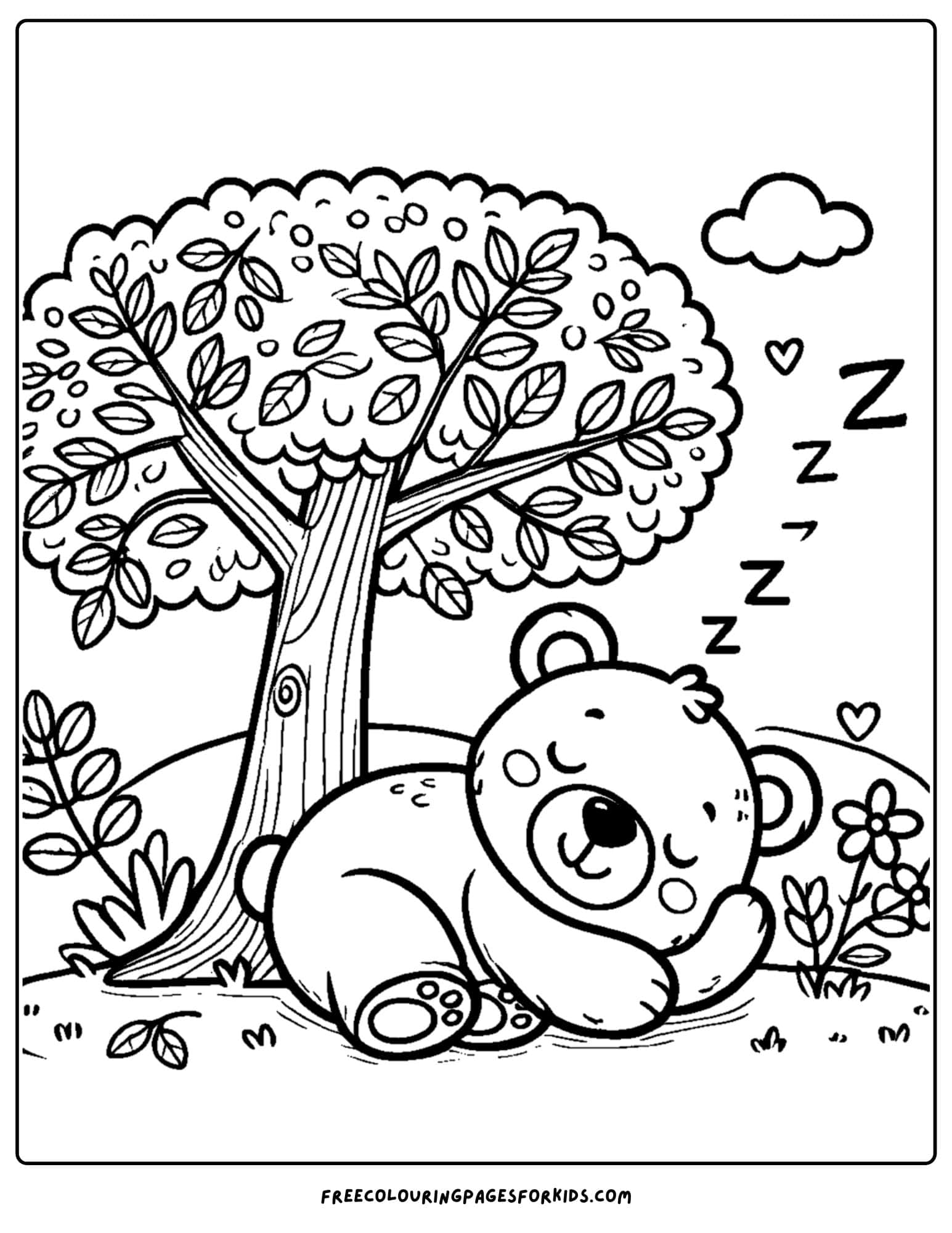 a bear sleeping under a tree