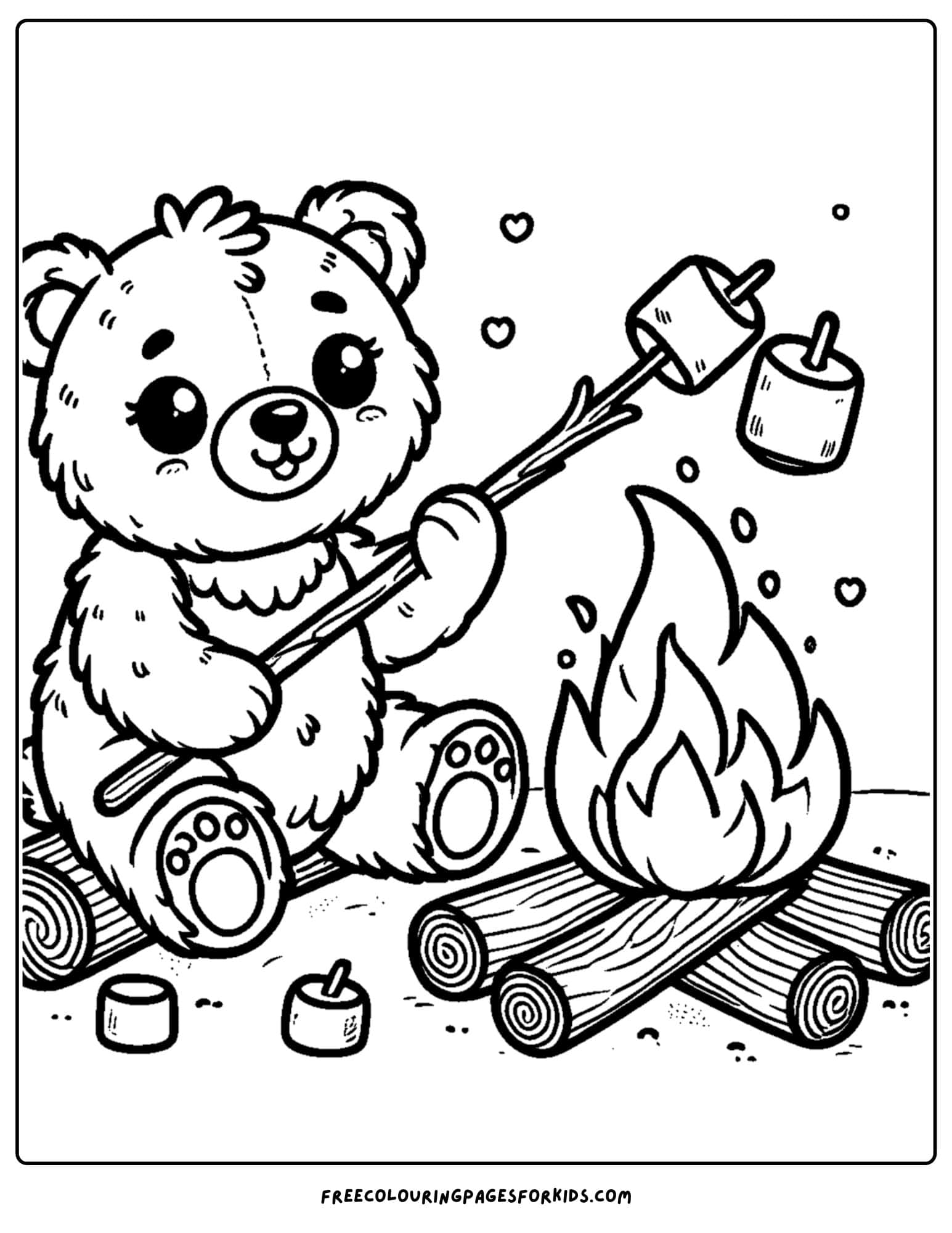 a bear roasting marshmallows on a fire