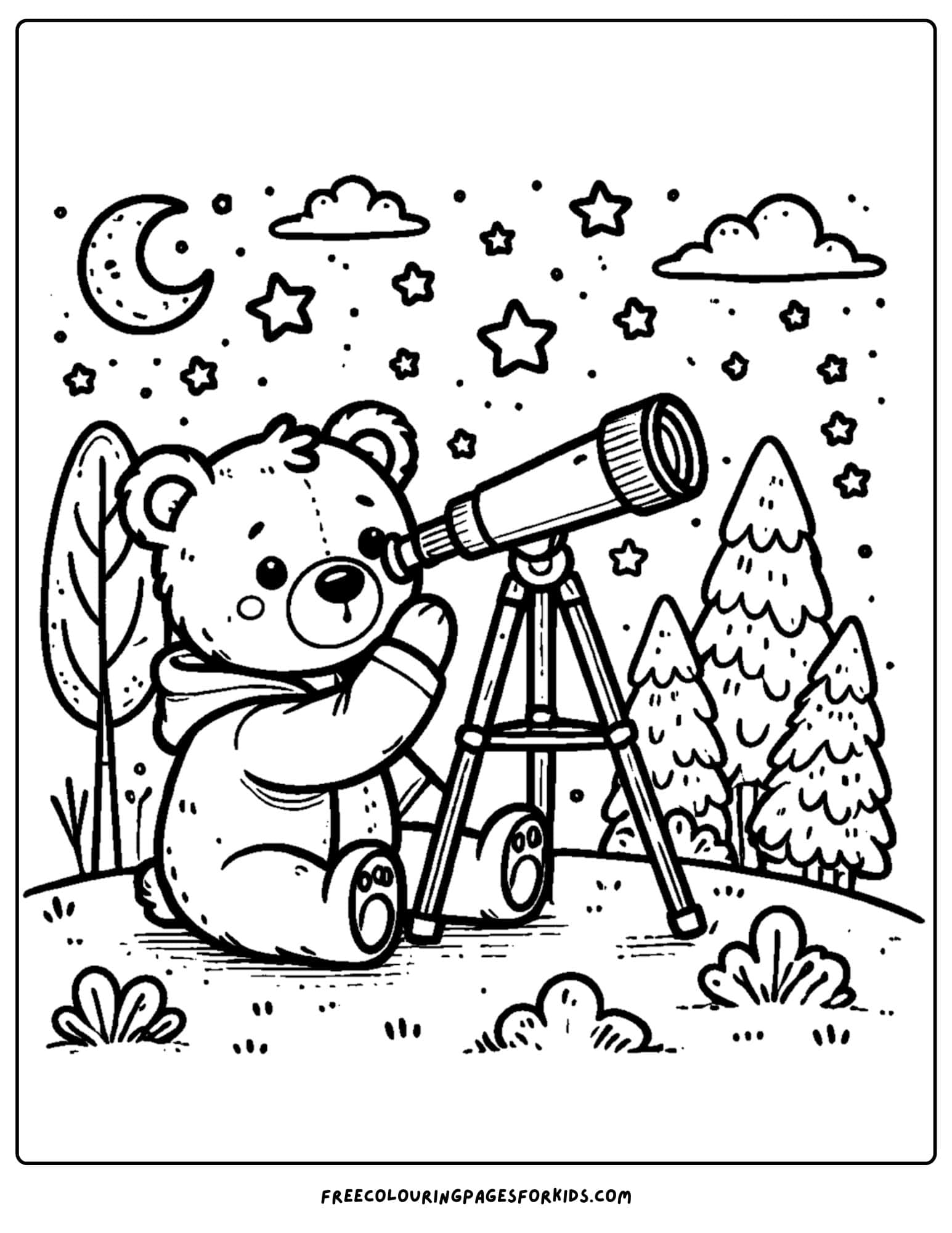 a bear looking at the stars with a telescope