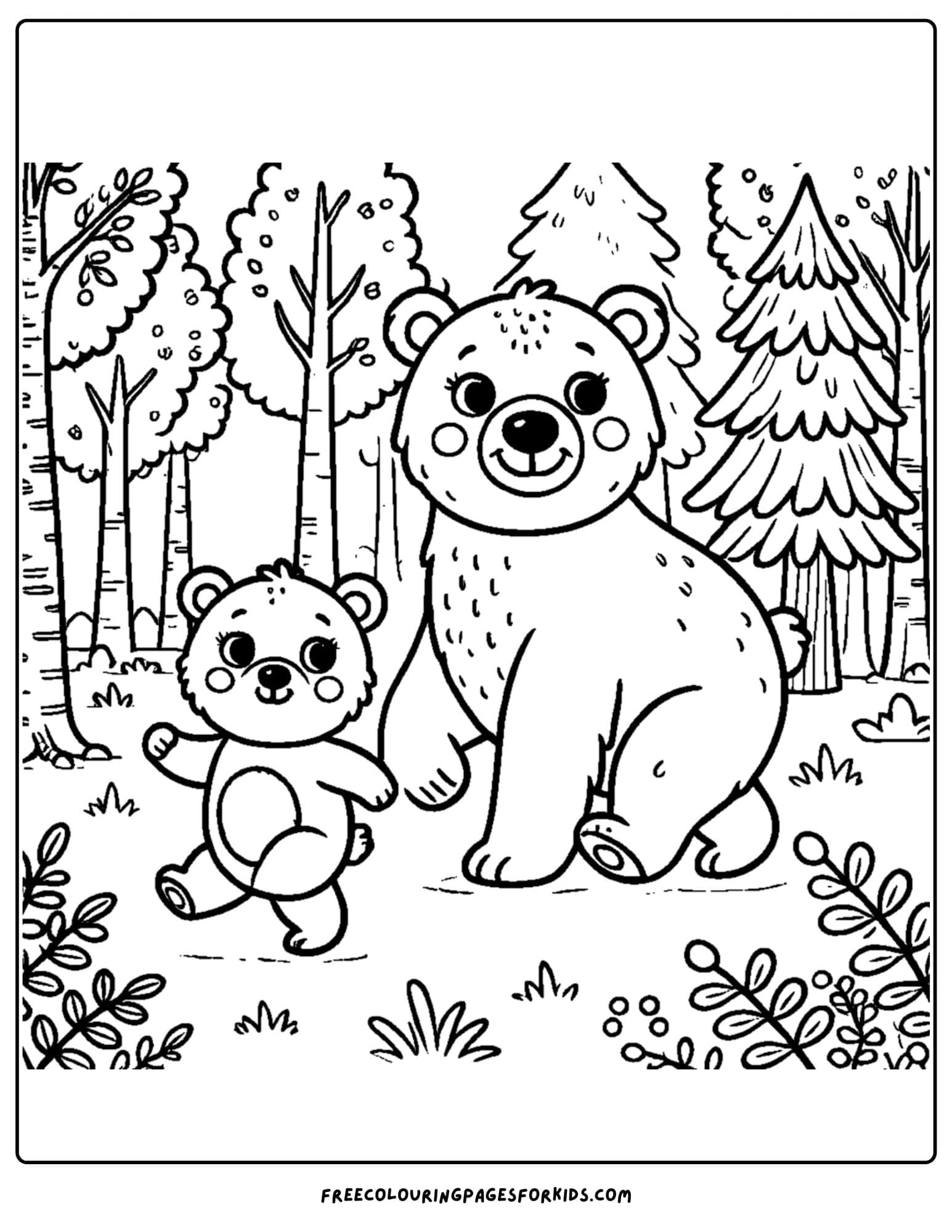 a bear walking with a cub in the forest