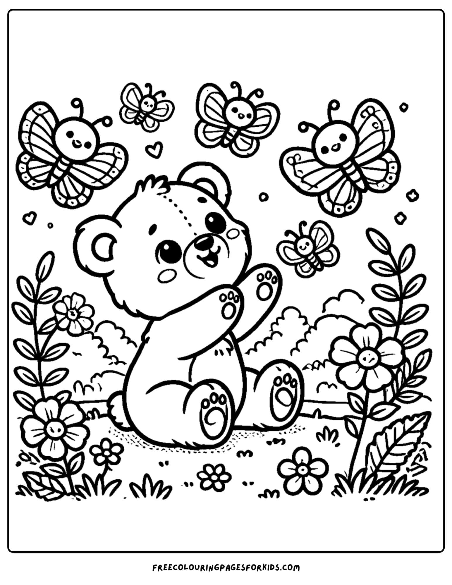 a bear watching butterflies
