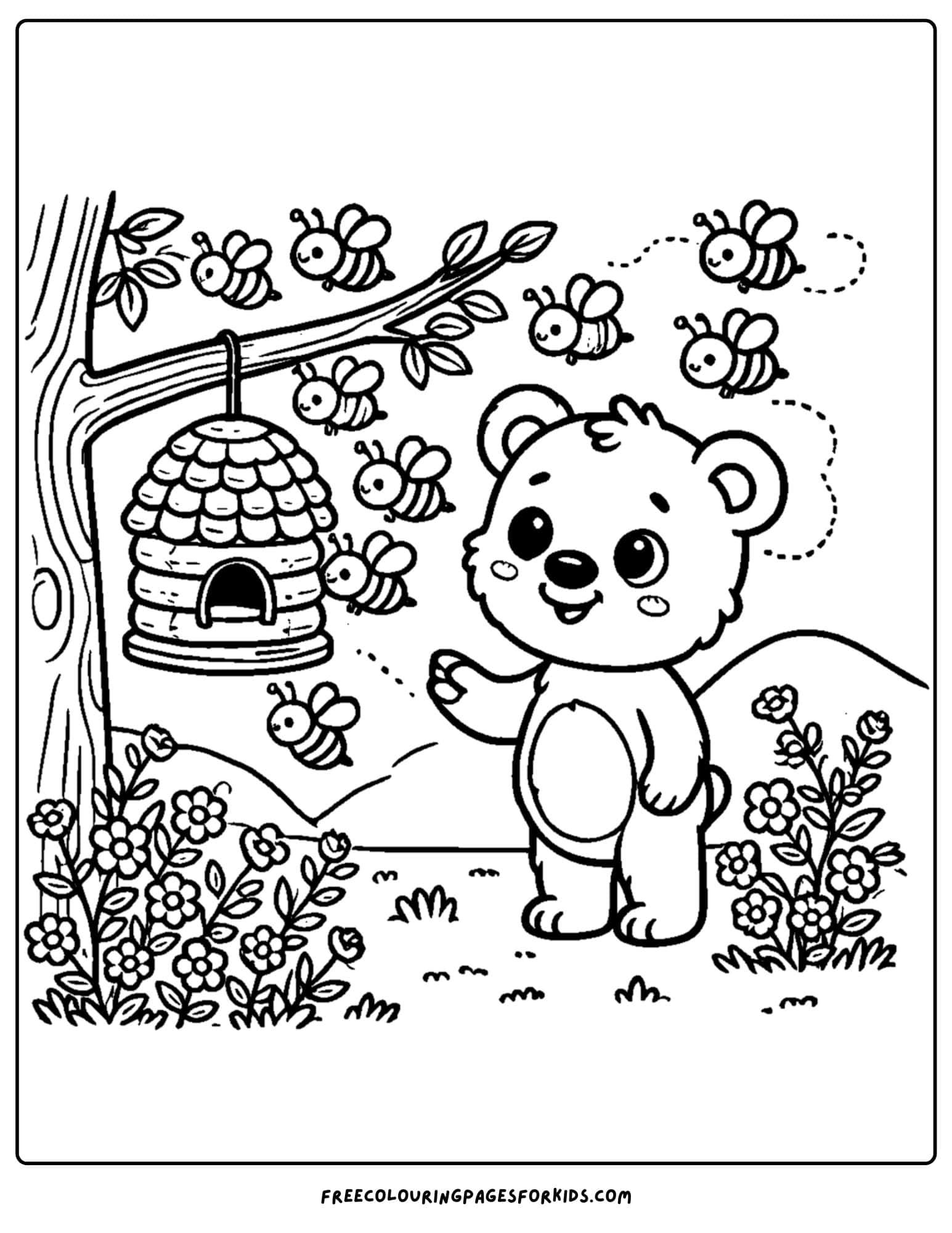 a bear watching bees flying into a hive