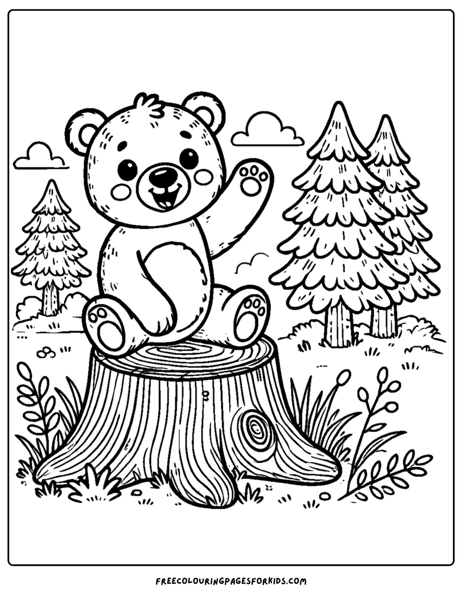 a bear sitting on a tree stump waving
