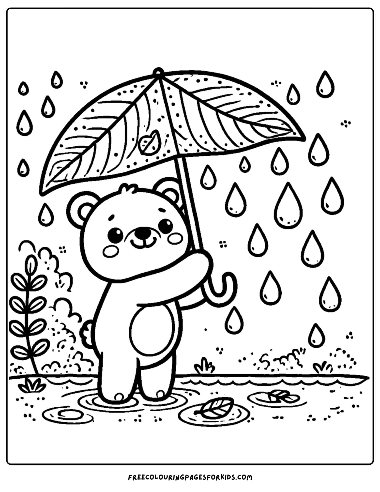 a bear holding a leaf umbrella in the rain