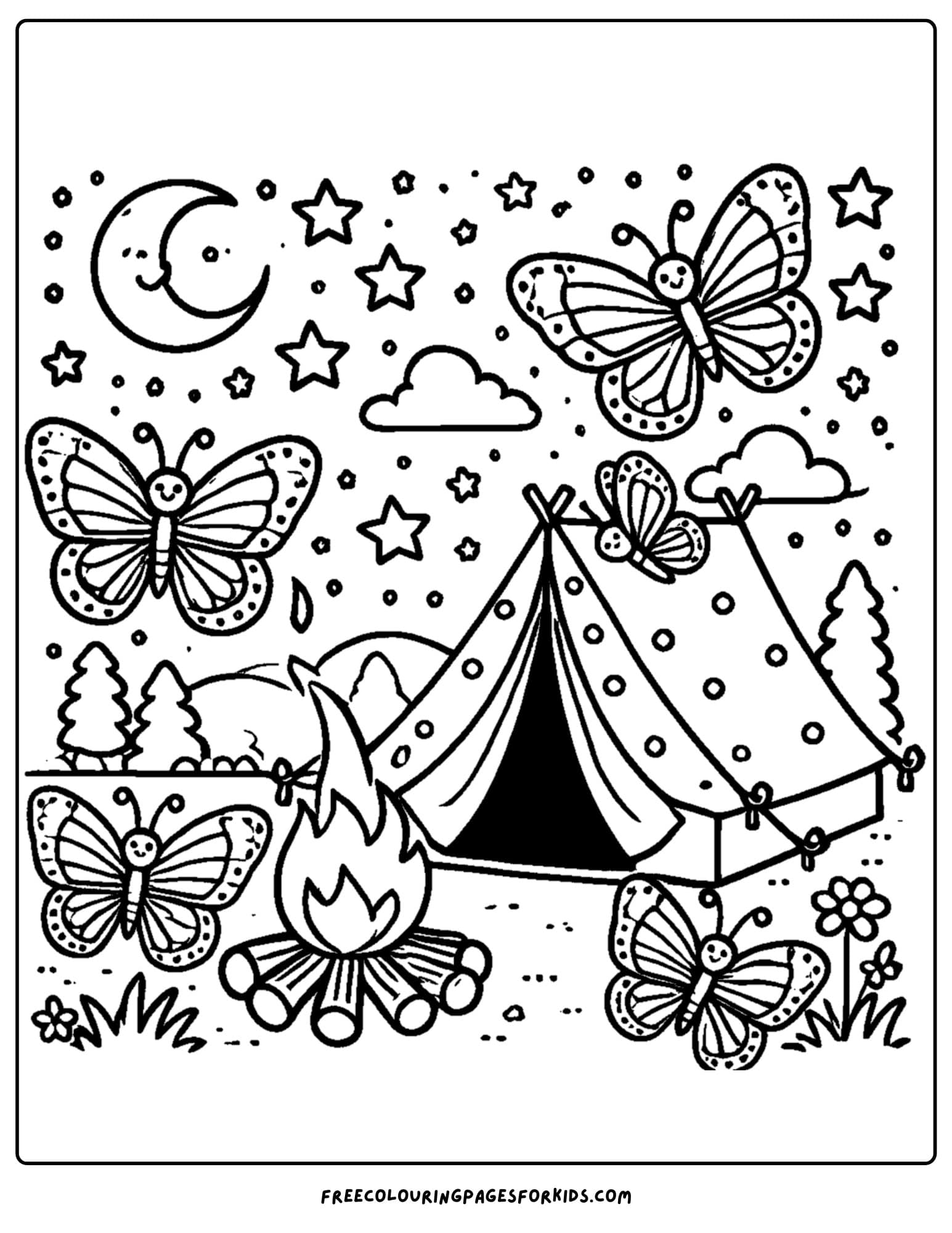 butterflies flying over a camping tent