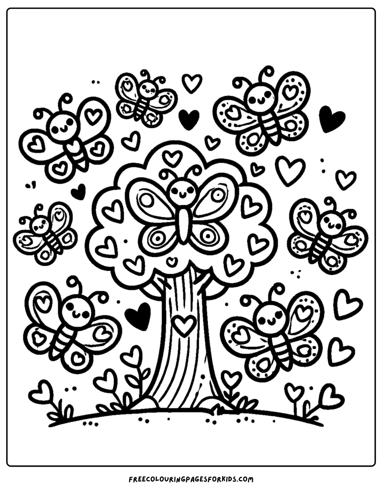butterflies flying around a heart tree