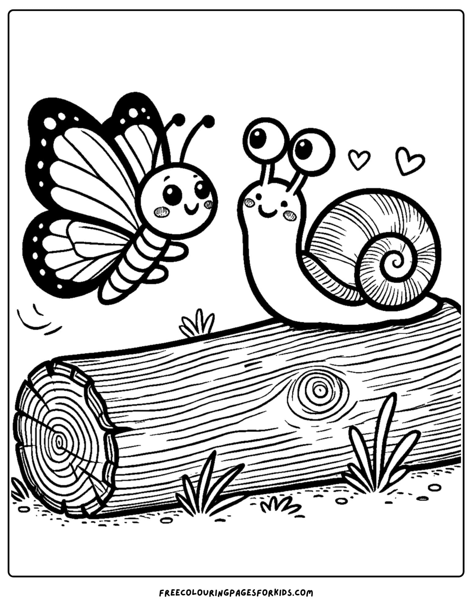 a butterfly saying hello to a snail on a log