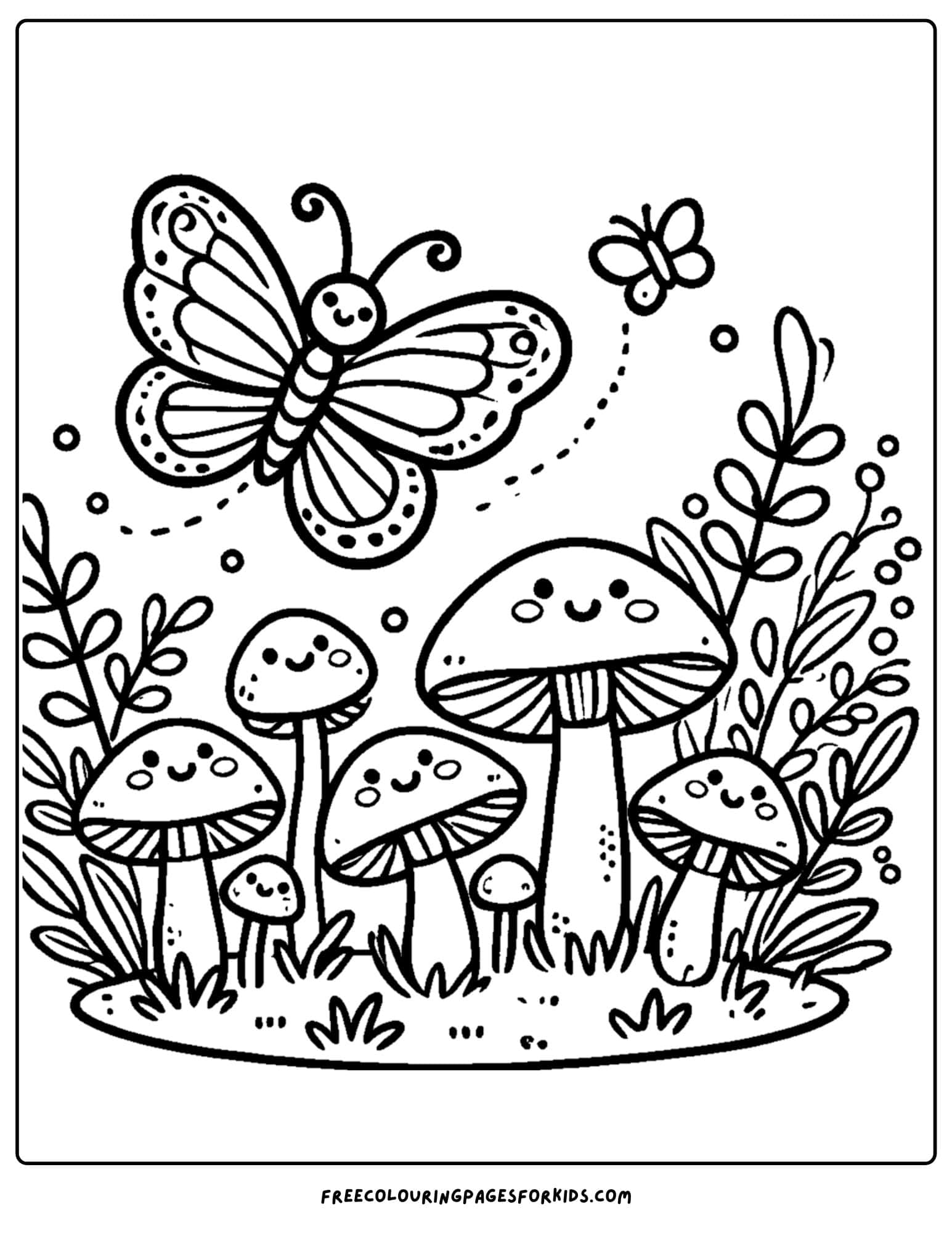 a butterfly flying over a meadow of mushrooms