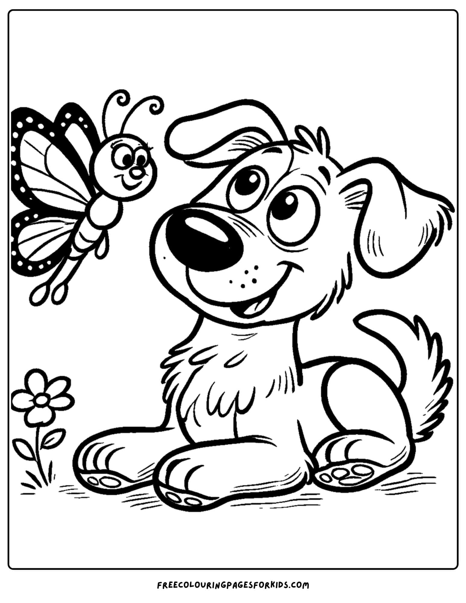 a butterfly flying above a dog