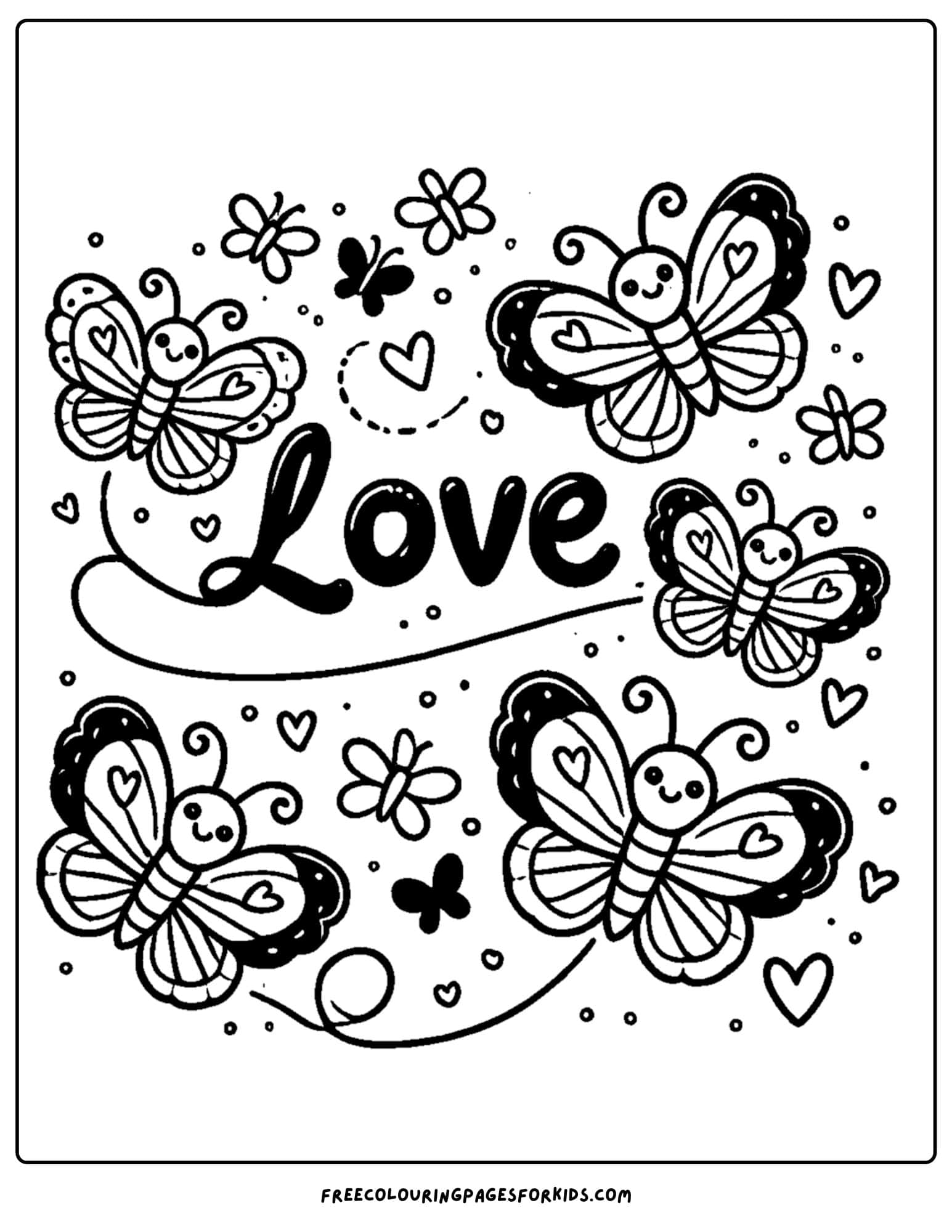 butterflies flying around the word love