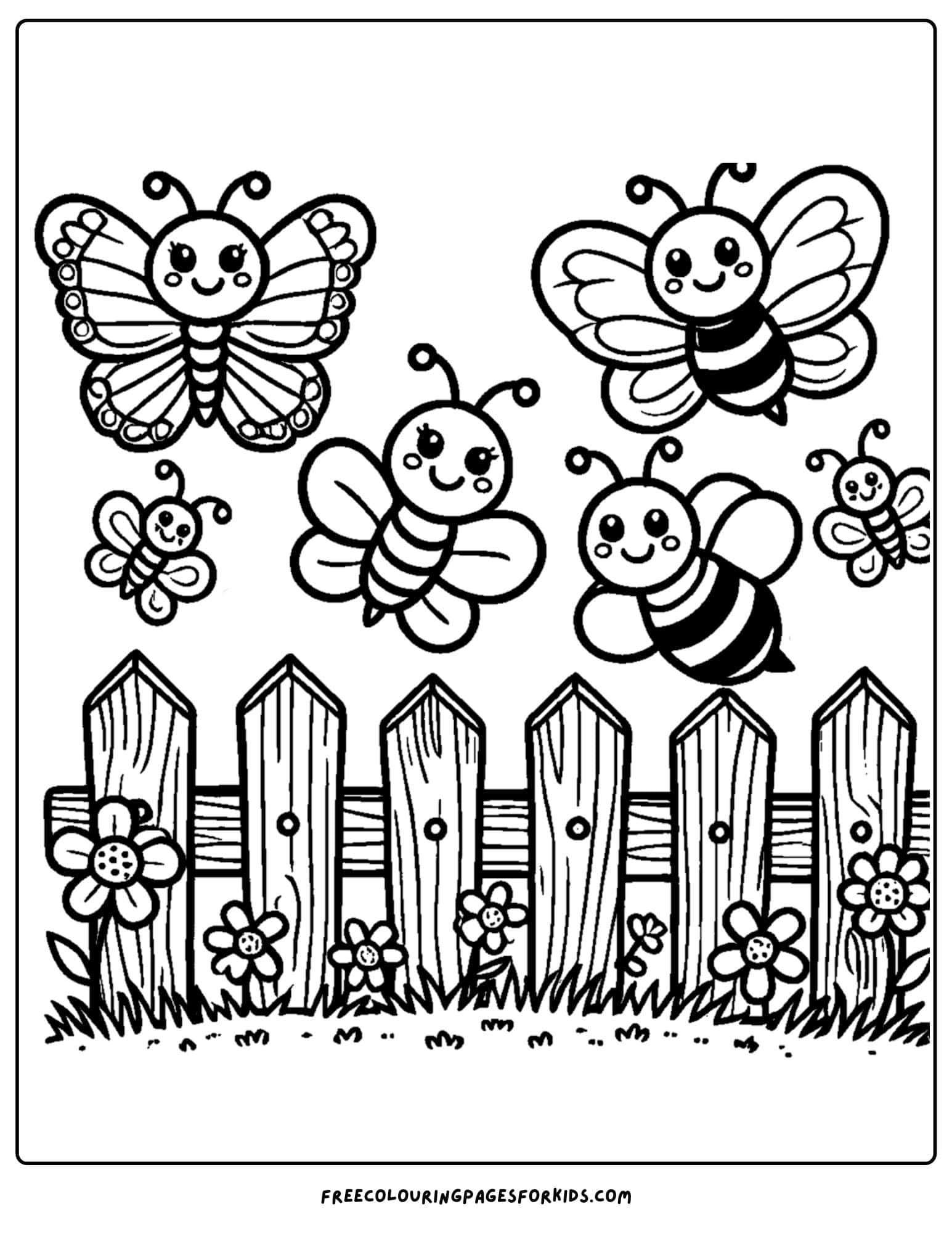 a butterfly and bees flying over a fence