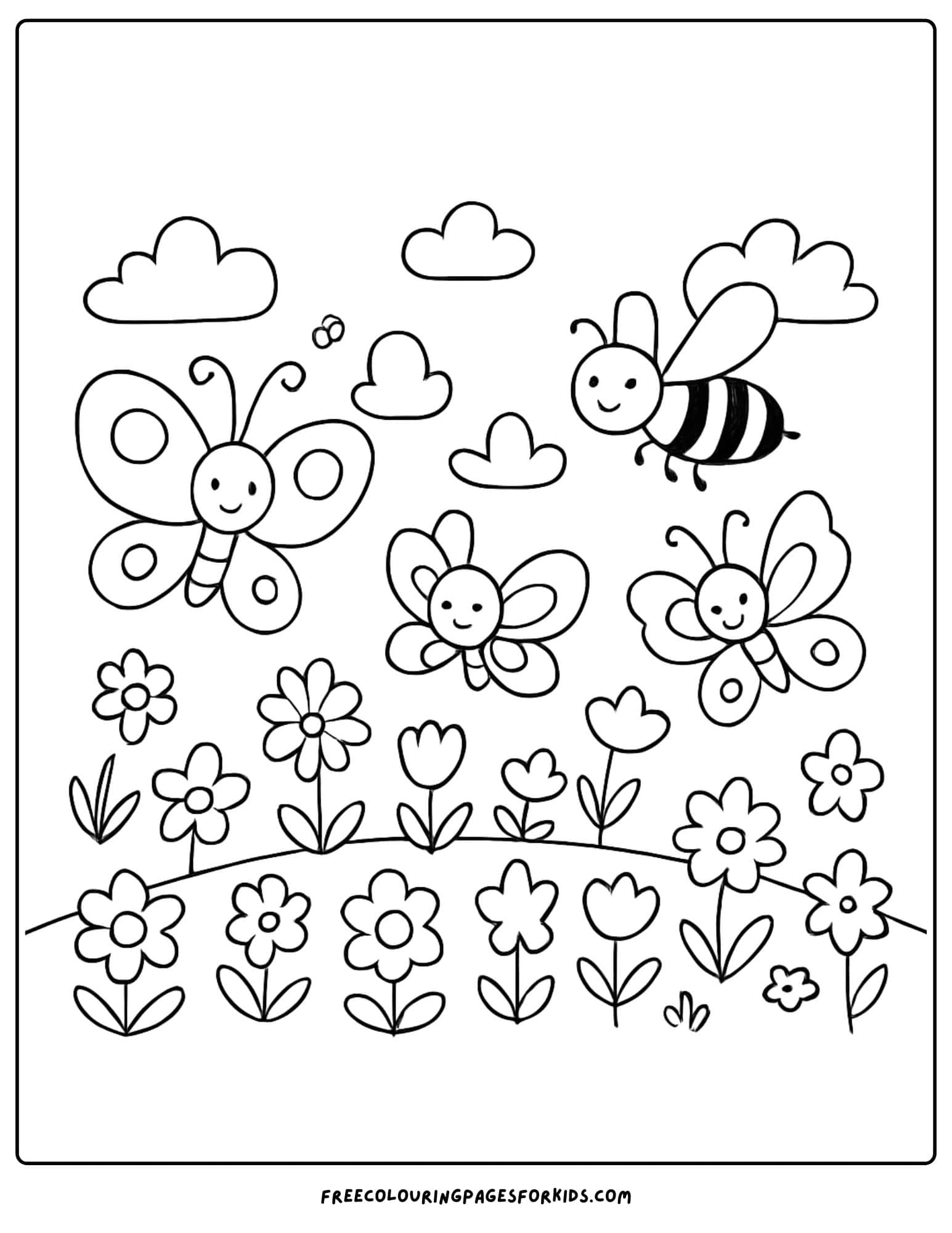 a bee and butterfly over a field