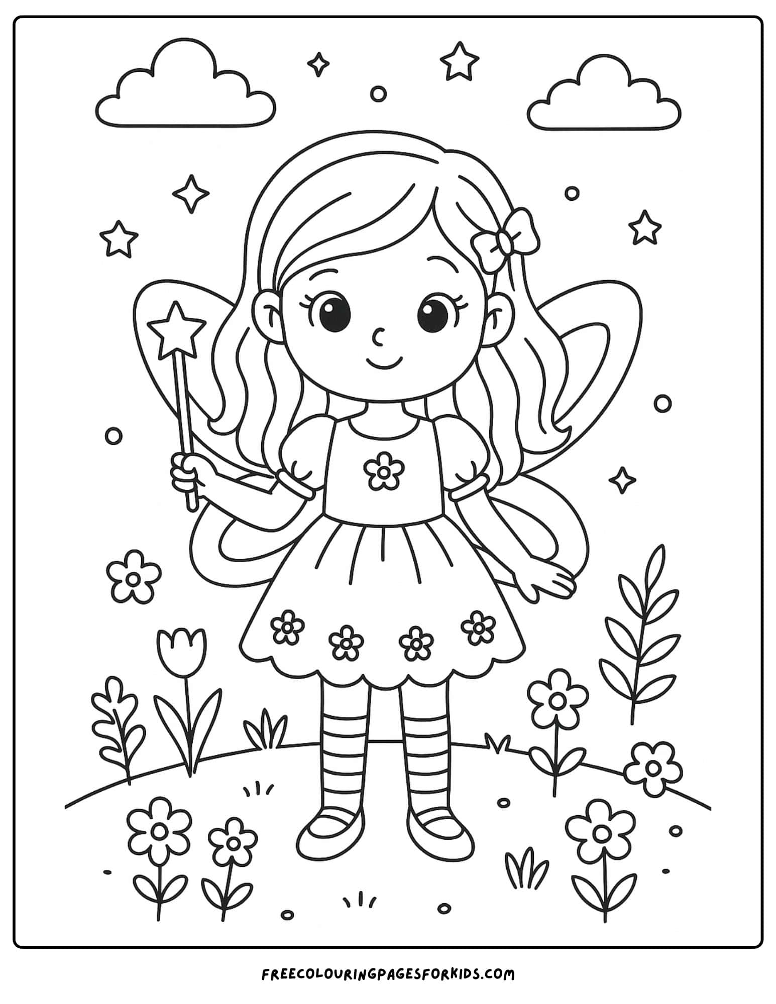 a fairy standing in a field of flowers