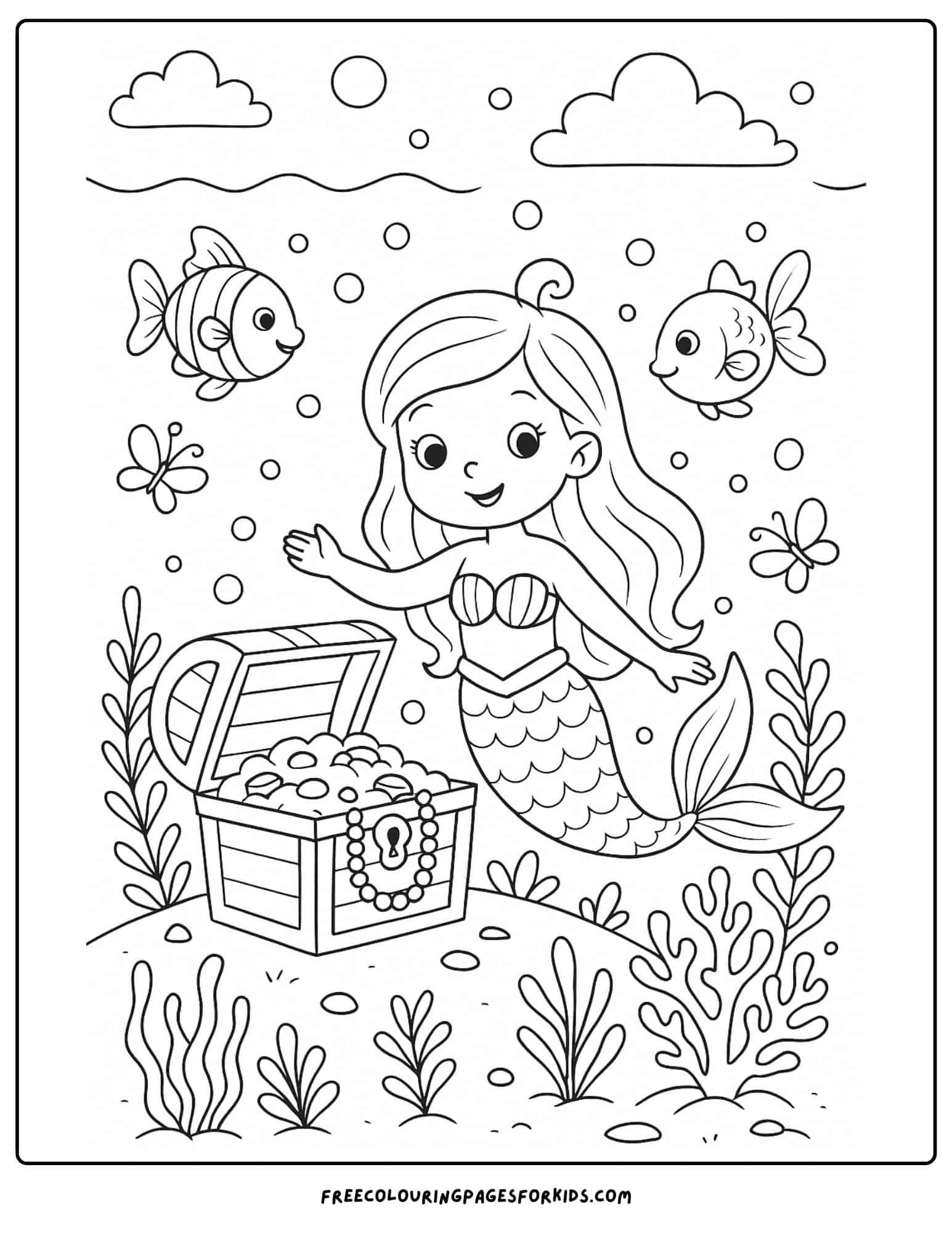 a mermaid finding a treasure chest
