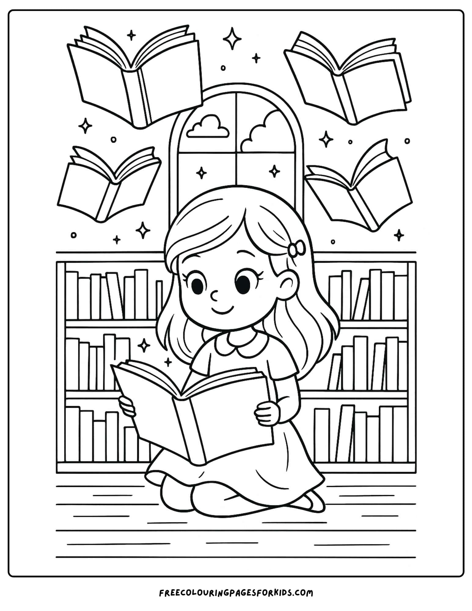 a girl in a magical library with flying books