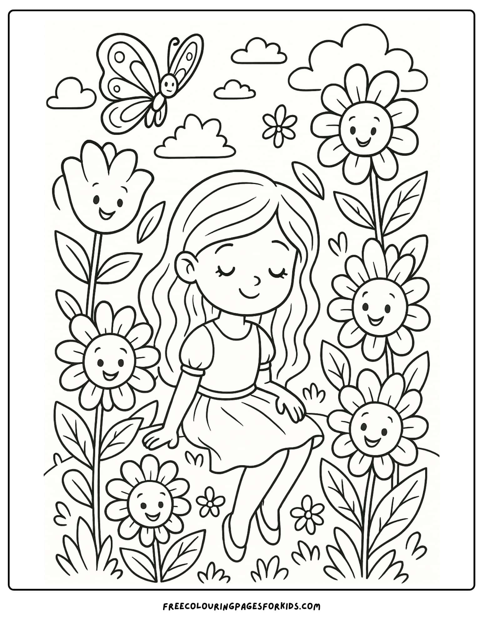 a girl sitting in a magical field of flowers