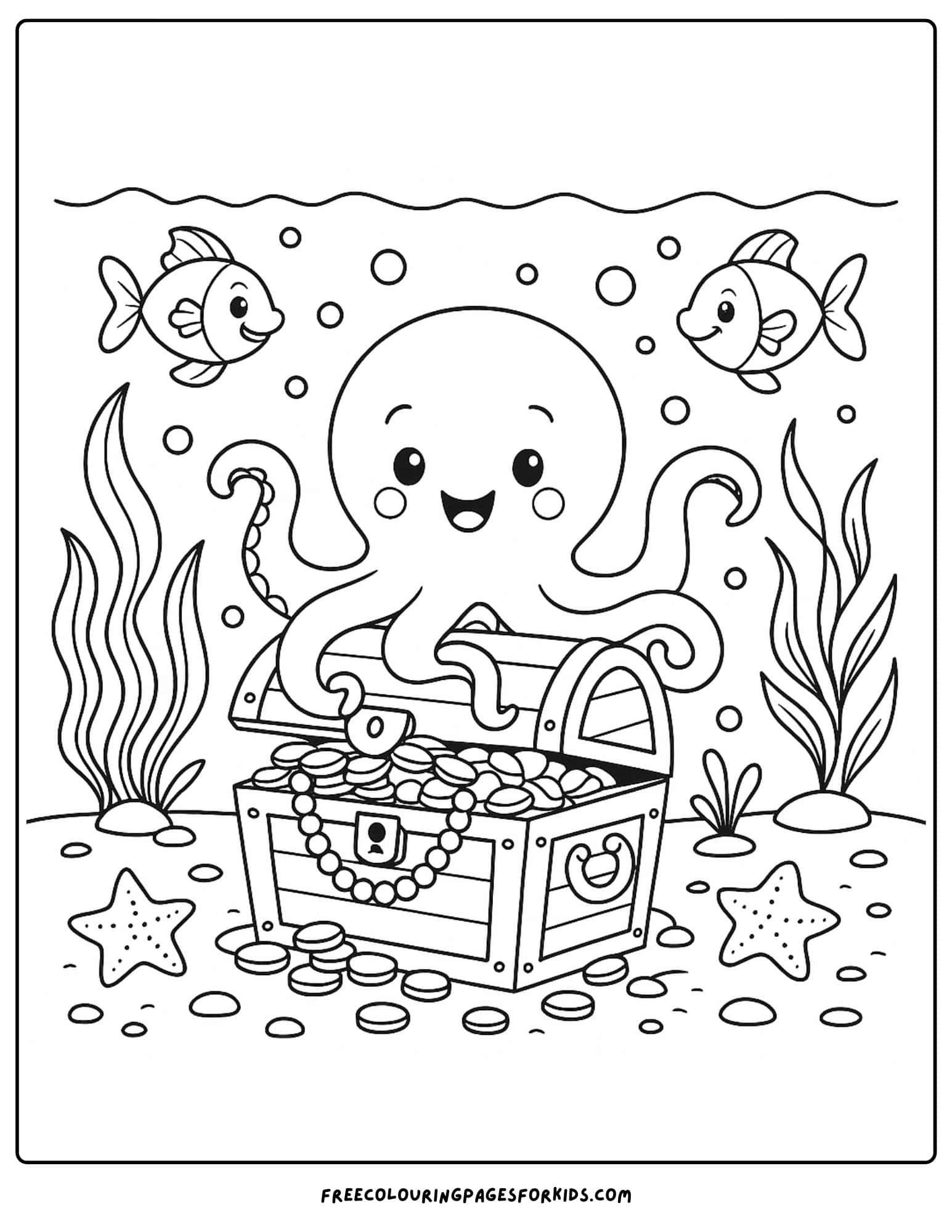 an octopus guarding a treasure chest