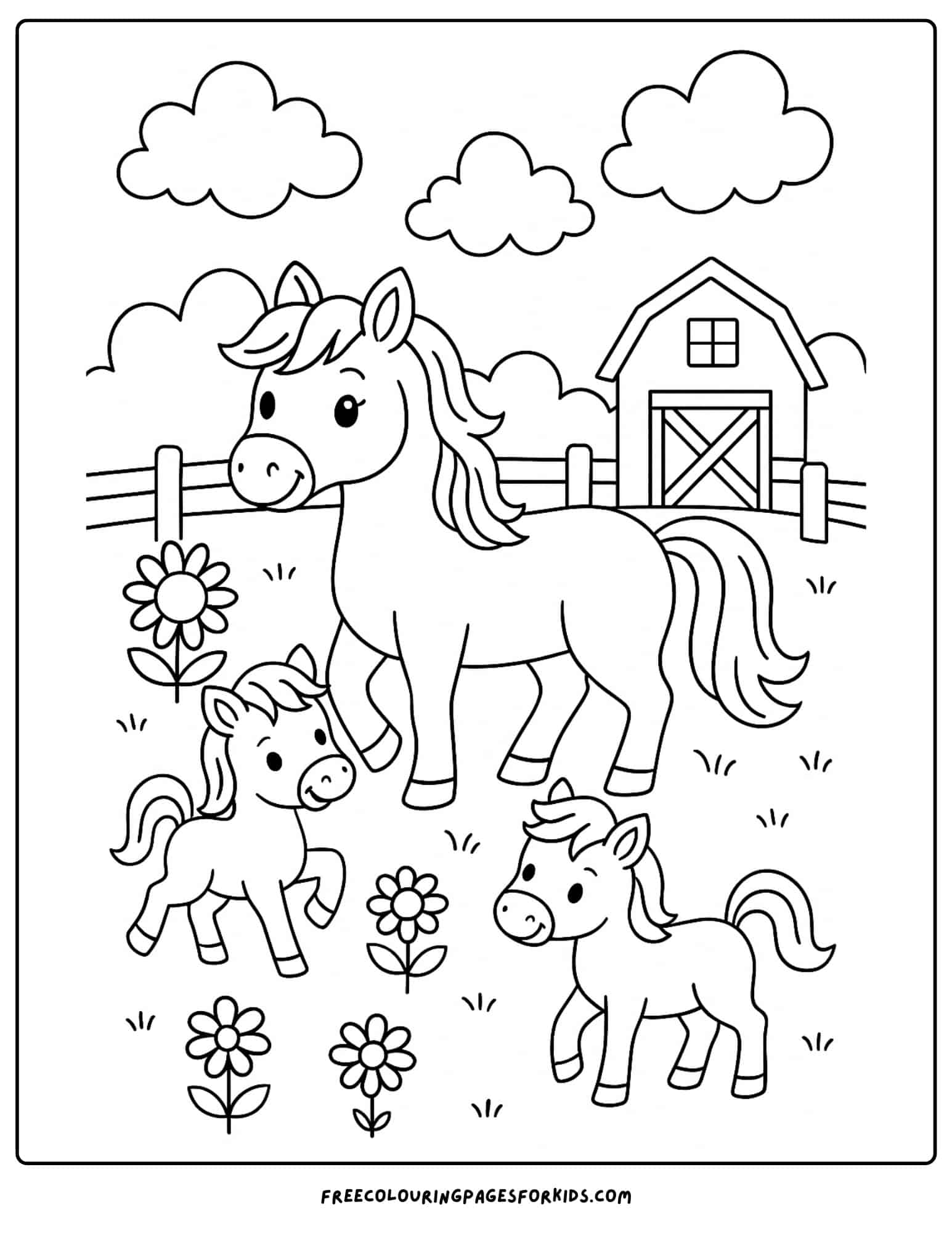 a horse and ponies on a farm