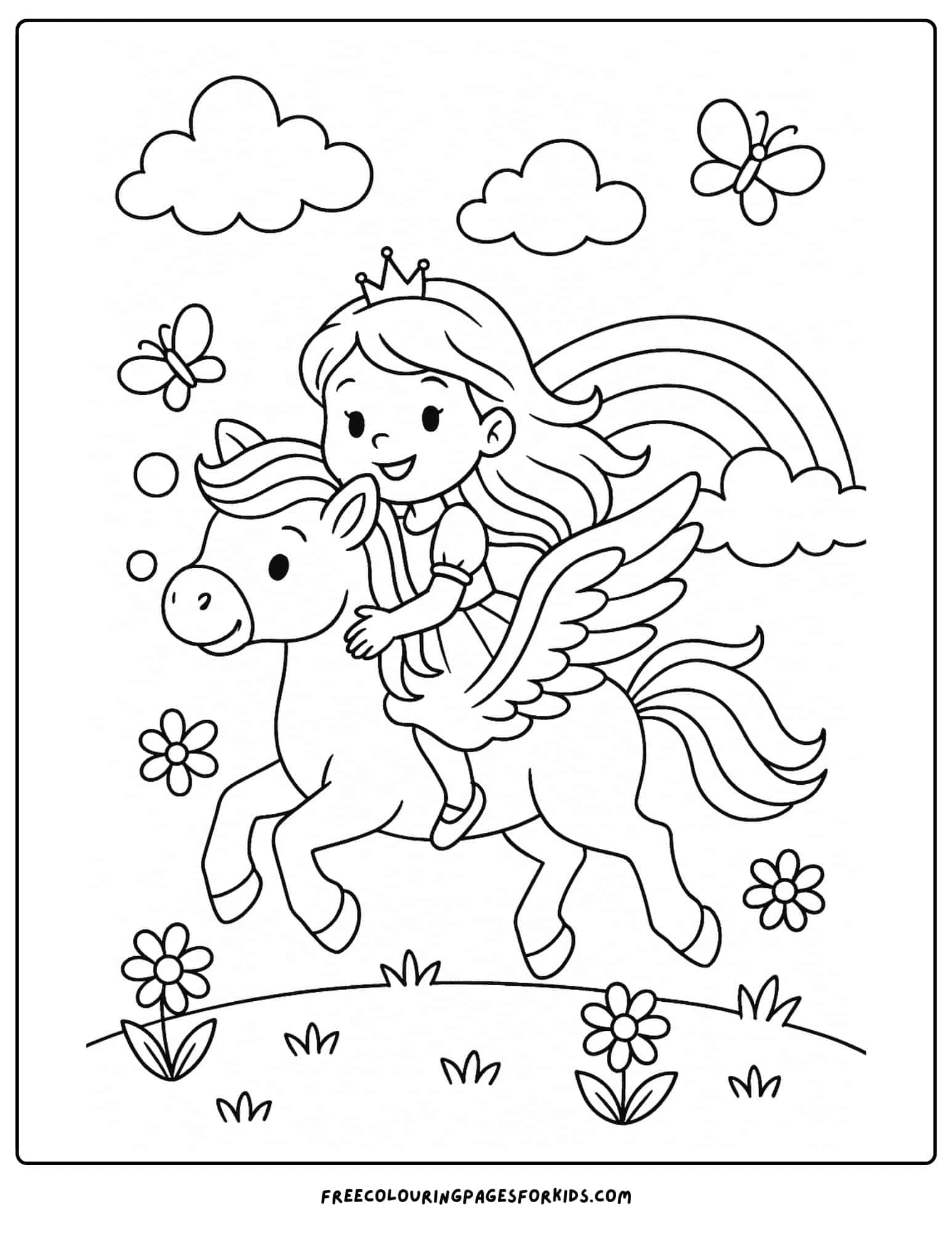 a girl riding a peagasus