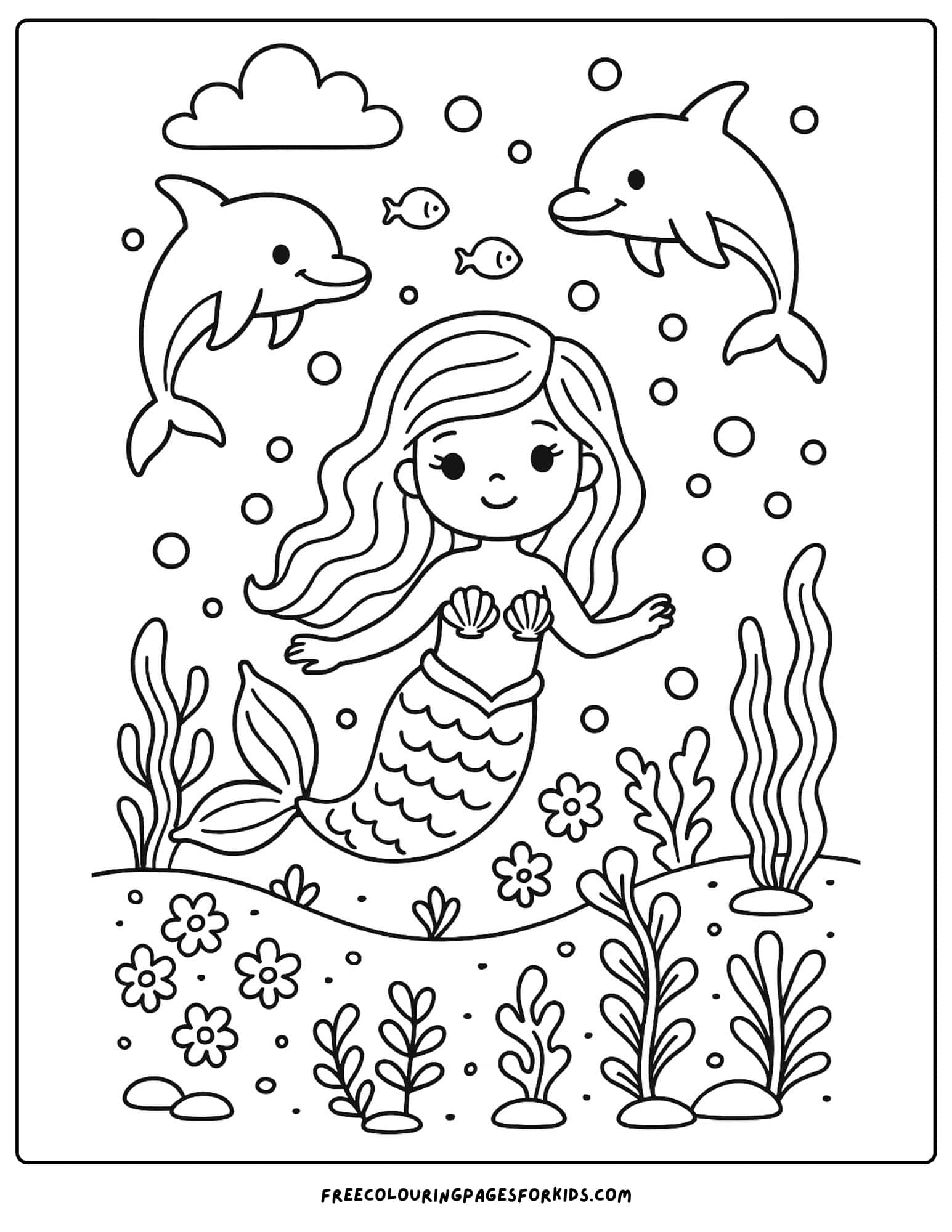 a mermaid swiming with dolphins