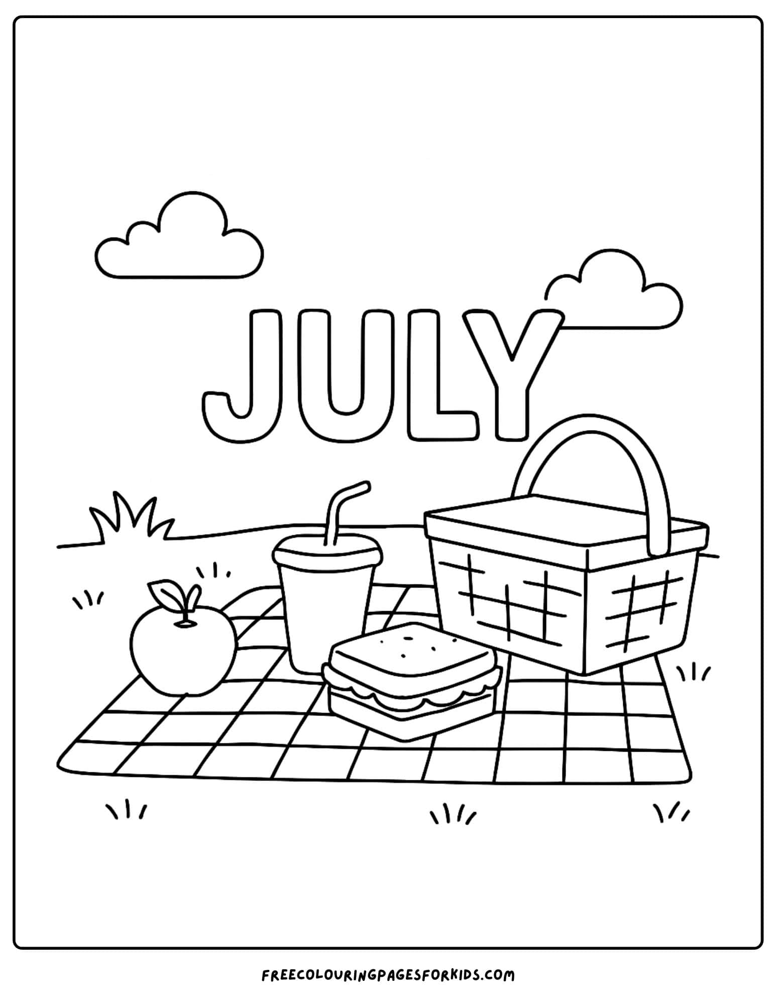 the word july with above a picnic blanket and food