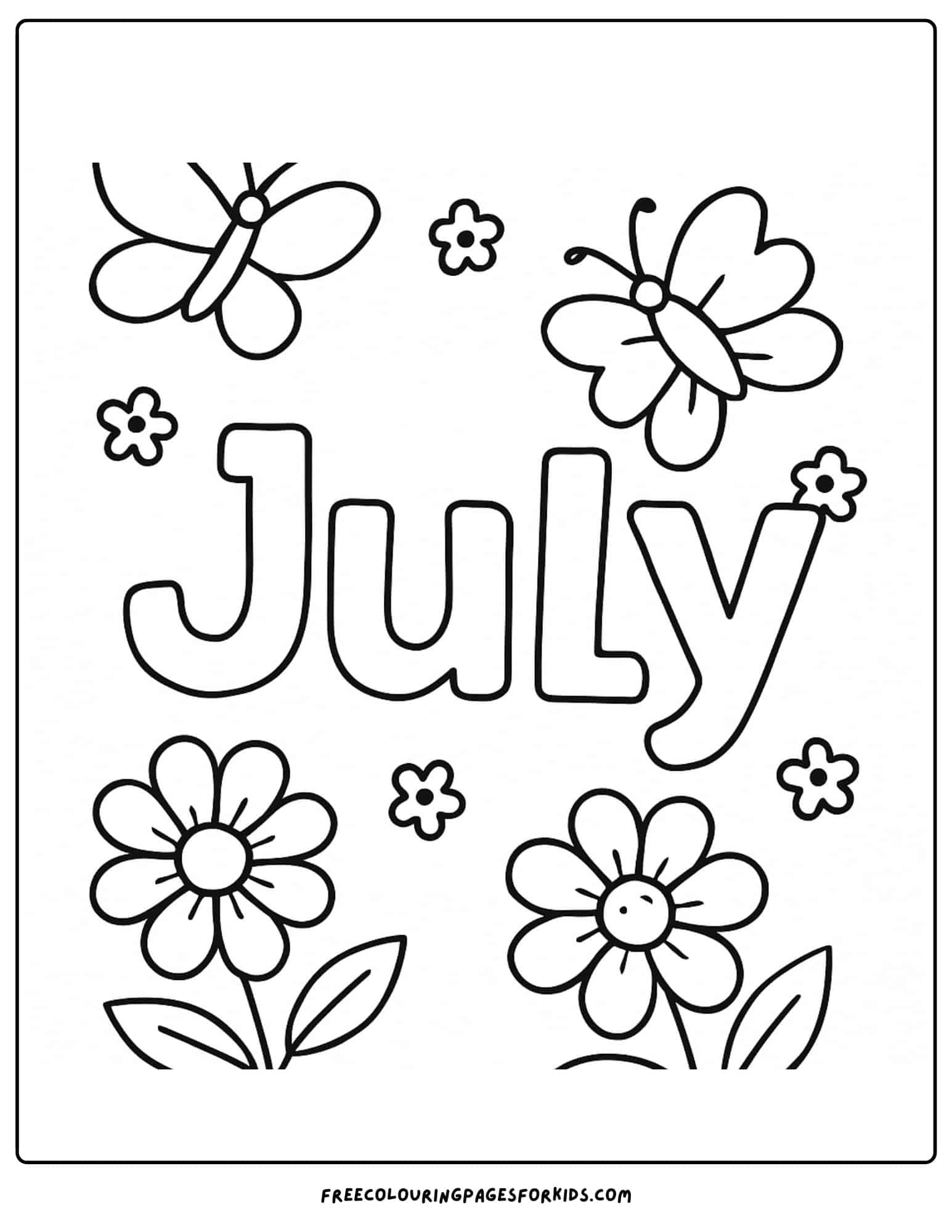 the word july with butterflies and flowers