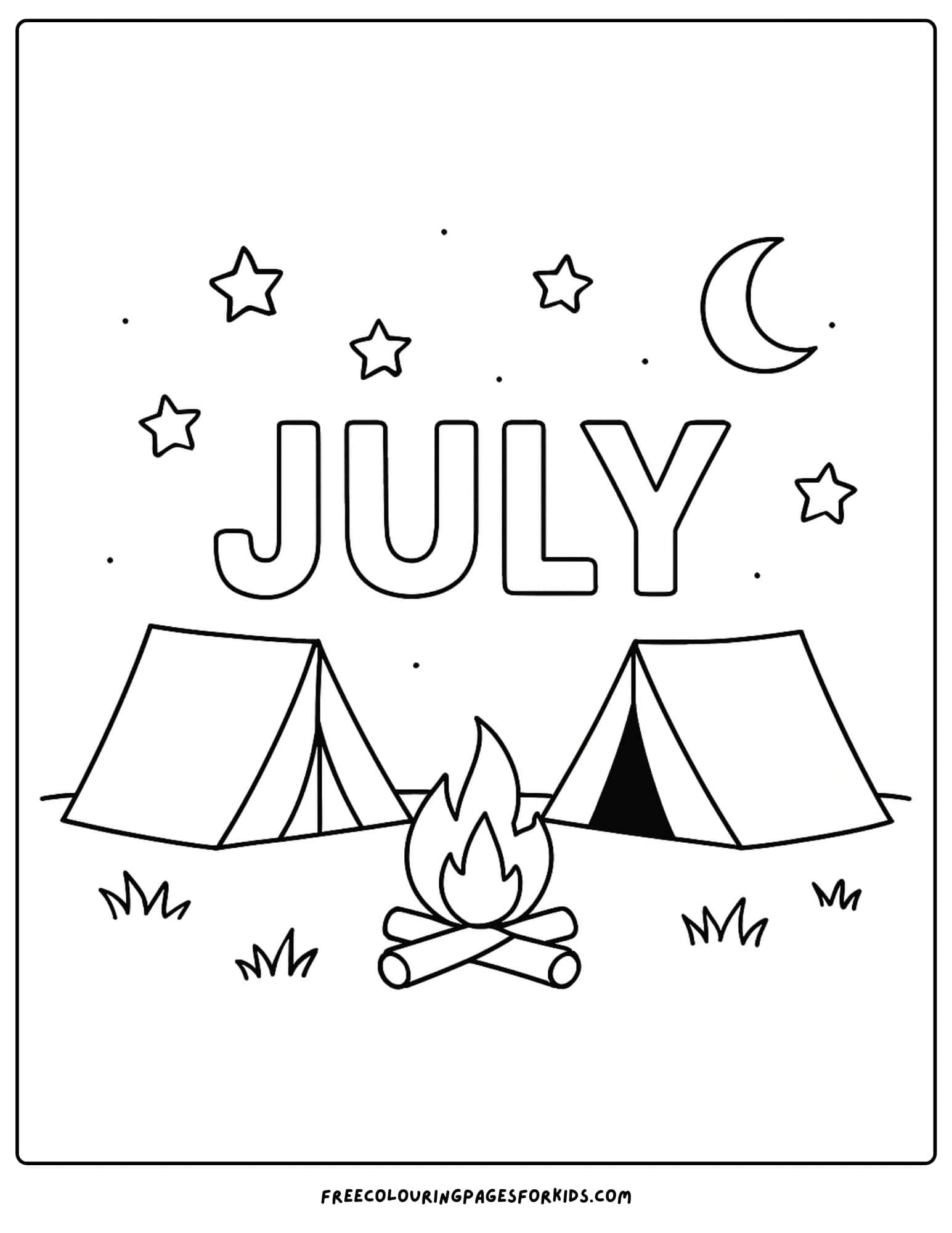the word july above a tent and campfire scene