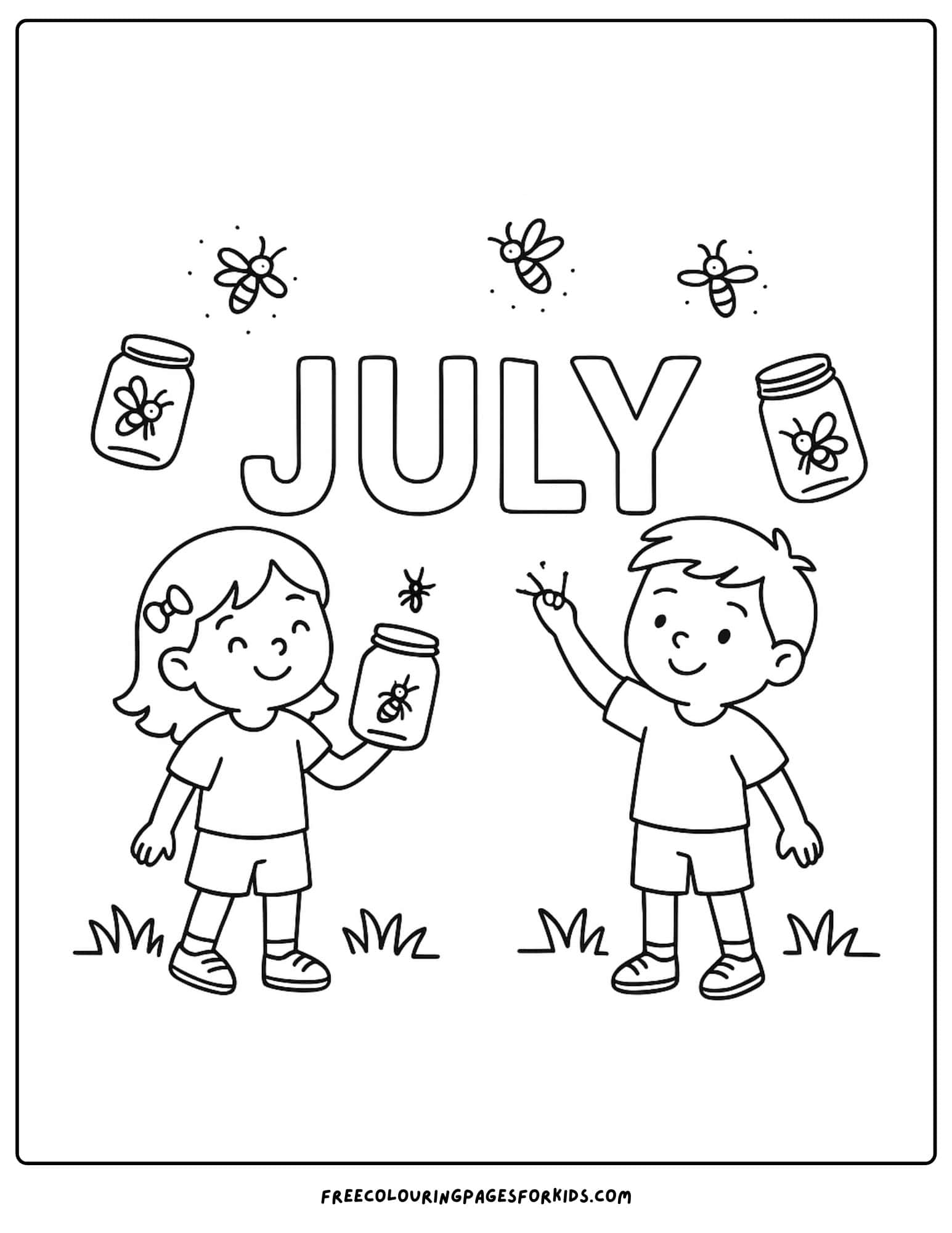 the word july above kids collecting fireflies
