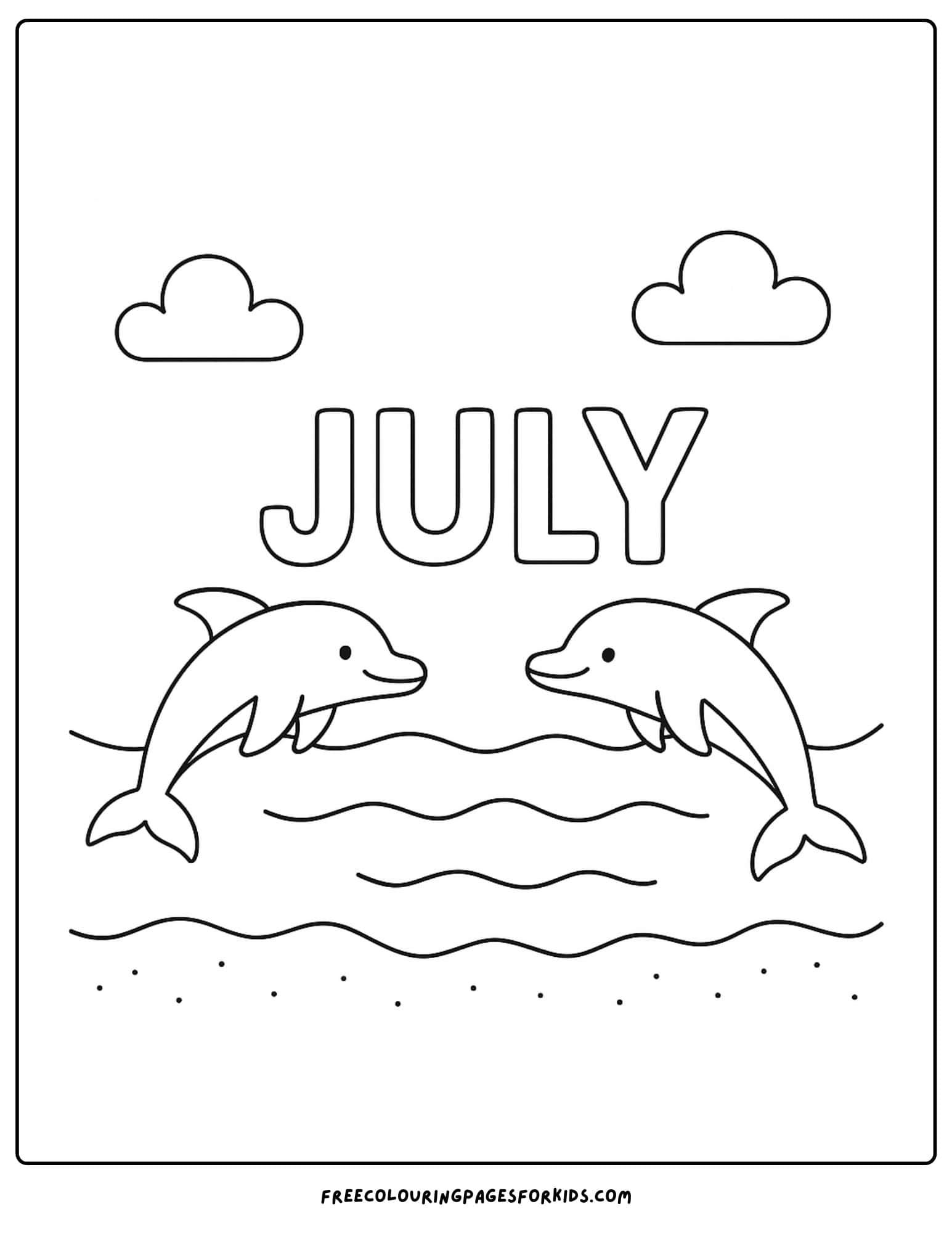 the word july with two dolphins jumping out of the water